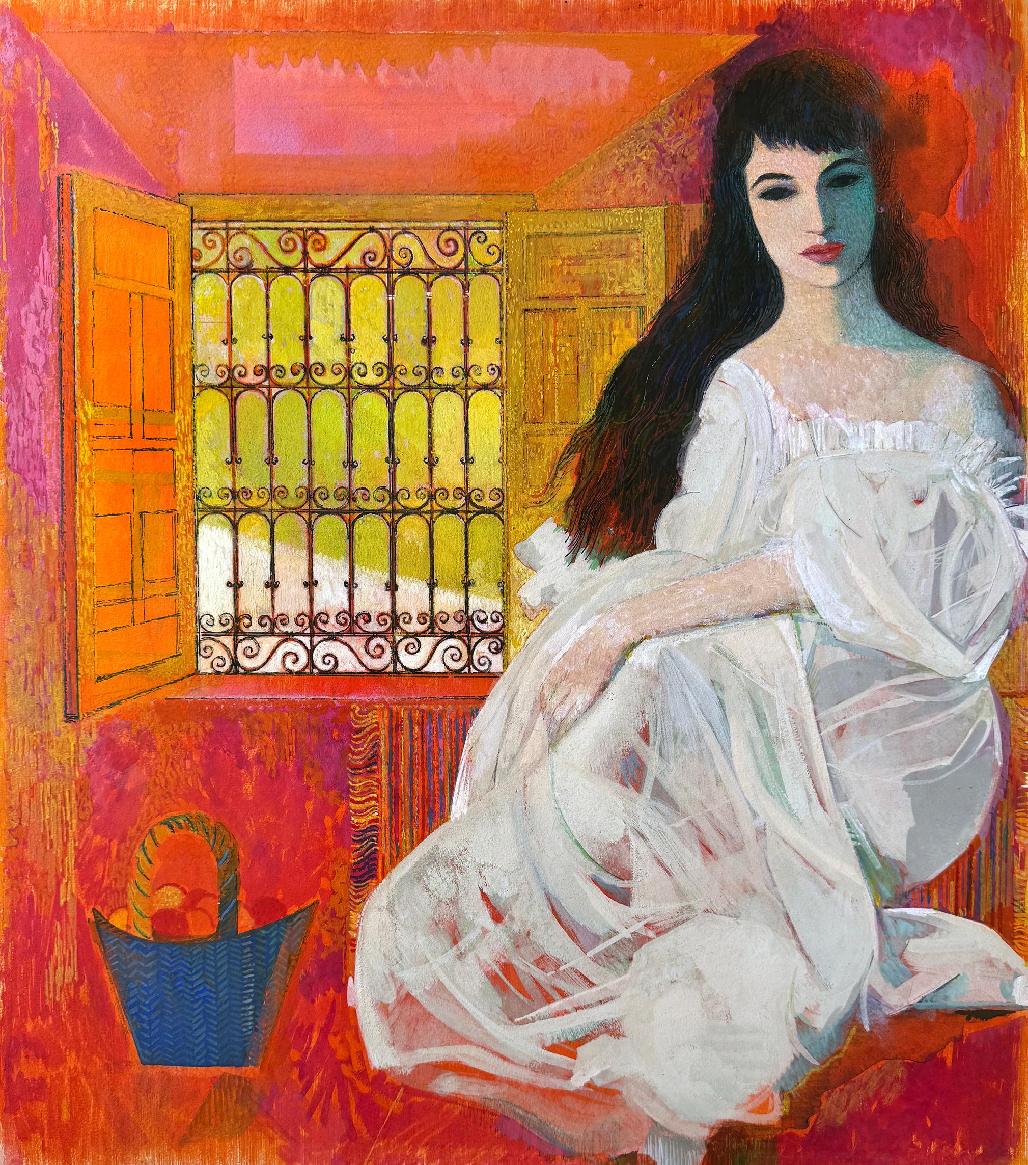 Almond-Eyed Brunette by Window, Watercolor on Board, Circa 1960