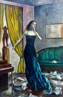 Glamorous Female Musician Painting, Mid-Century, 17 x 12.75 in