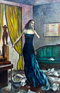 Glamorous Female Musician Painting, Mid-Century, 17 x 12.75 in