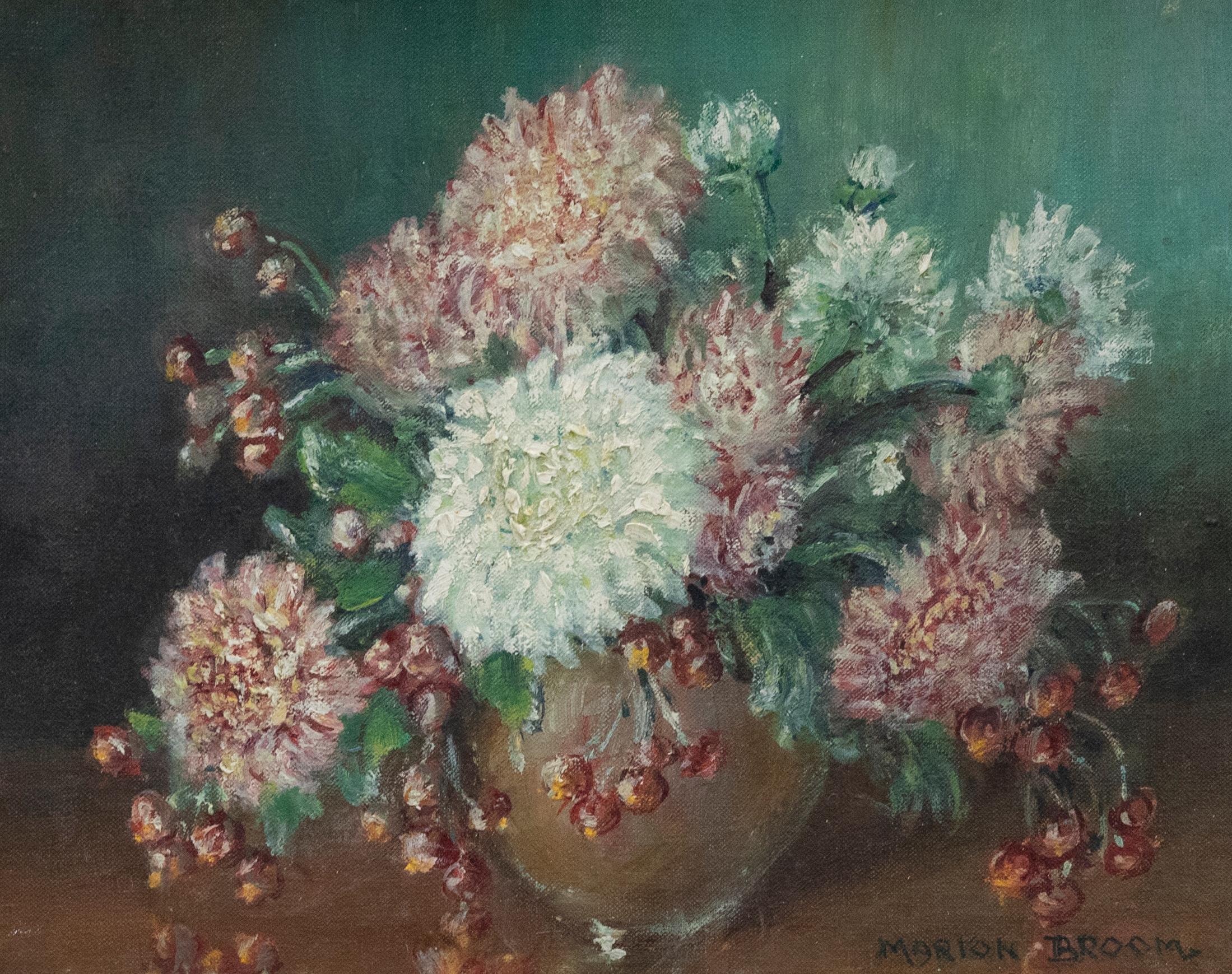 Marion Broom RWS (1878-1962) - 20th Century Oil, Pink and White Dahlias For Sale 1