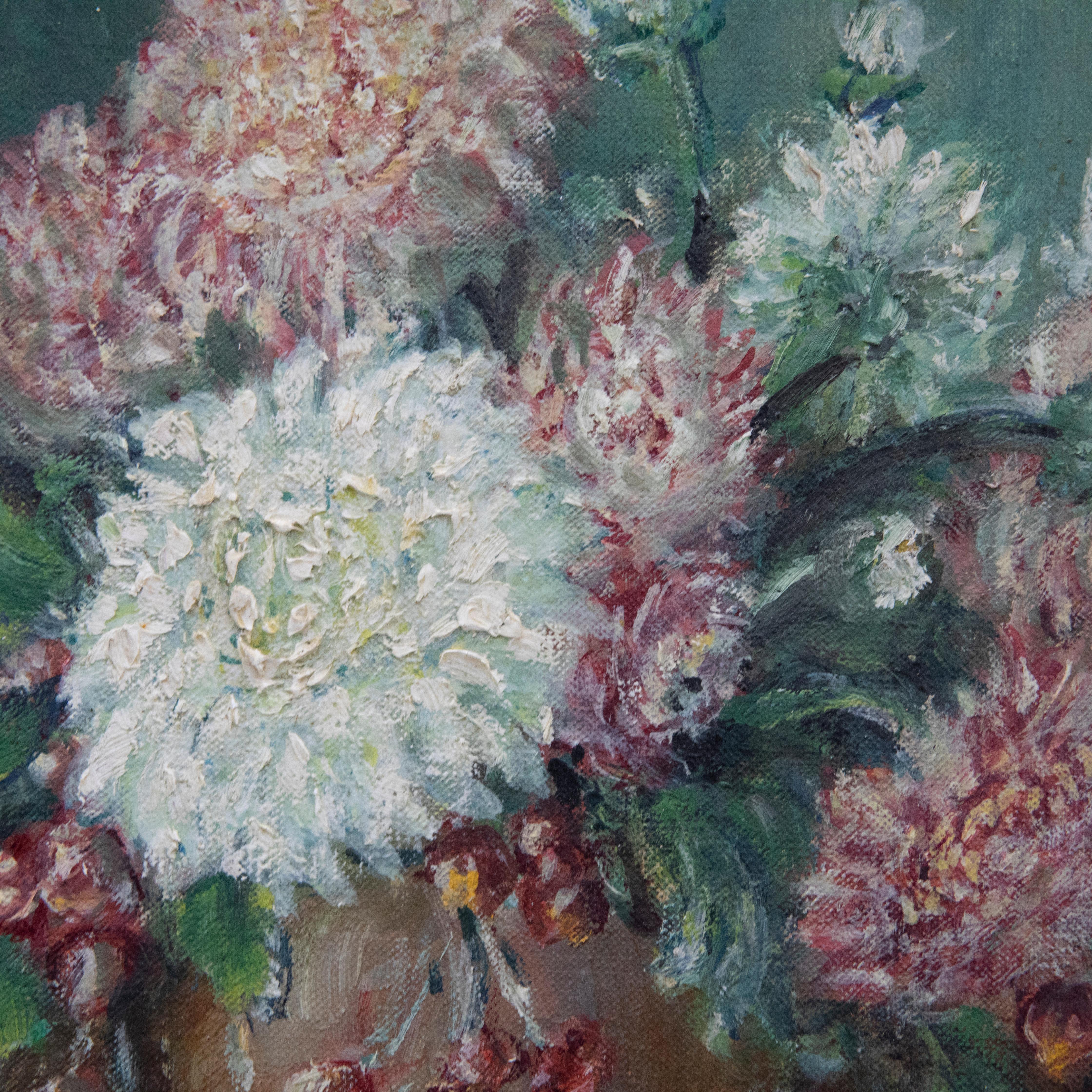 Marion Broom RWS (1878-1962) - 20th Century Oil, Pink and White Dahlias For Sale 3