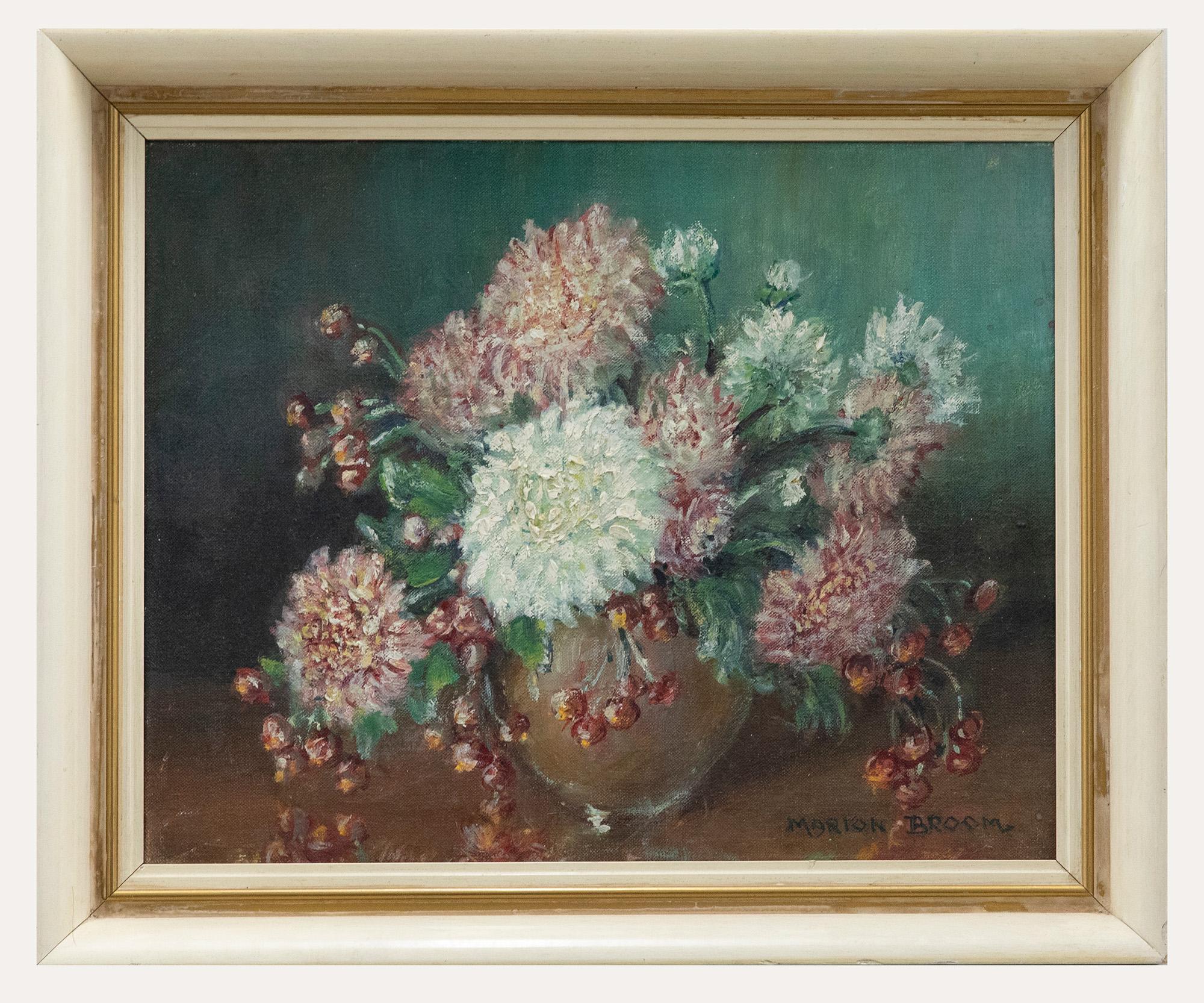 A charming oil study depicting pink and white dahlias with blossoms placed in a vase. Signed to the lower right. Presented in a varnished wooden frame. On canvas.

