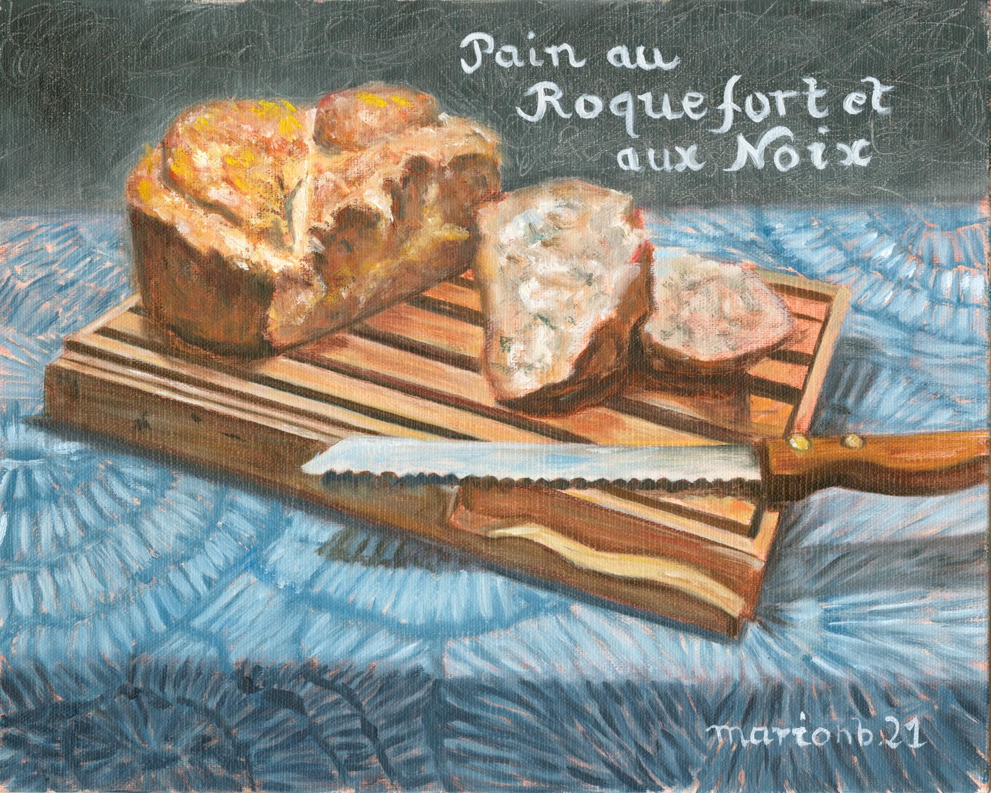 Marion Buricatu Still-Life Painting - Blue Cheese Bread, Original Signed Contemporary Still Life Food Painting
