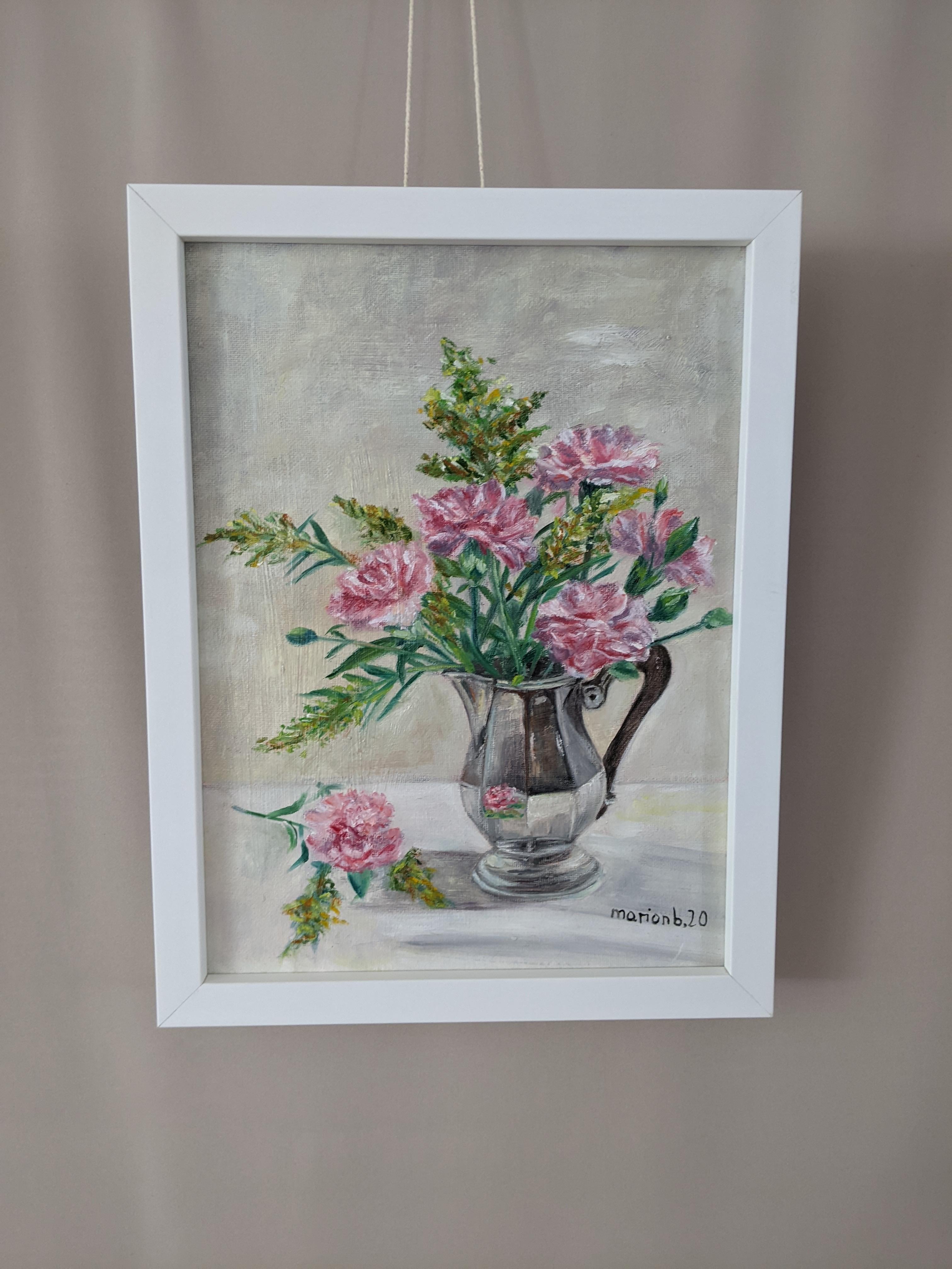 Carnations (oeillets), Original Framed Signed Contemporary Floral Still Life - Realist Painting by Marion Buricatu