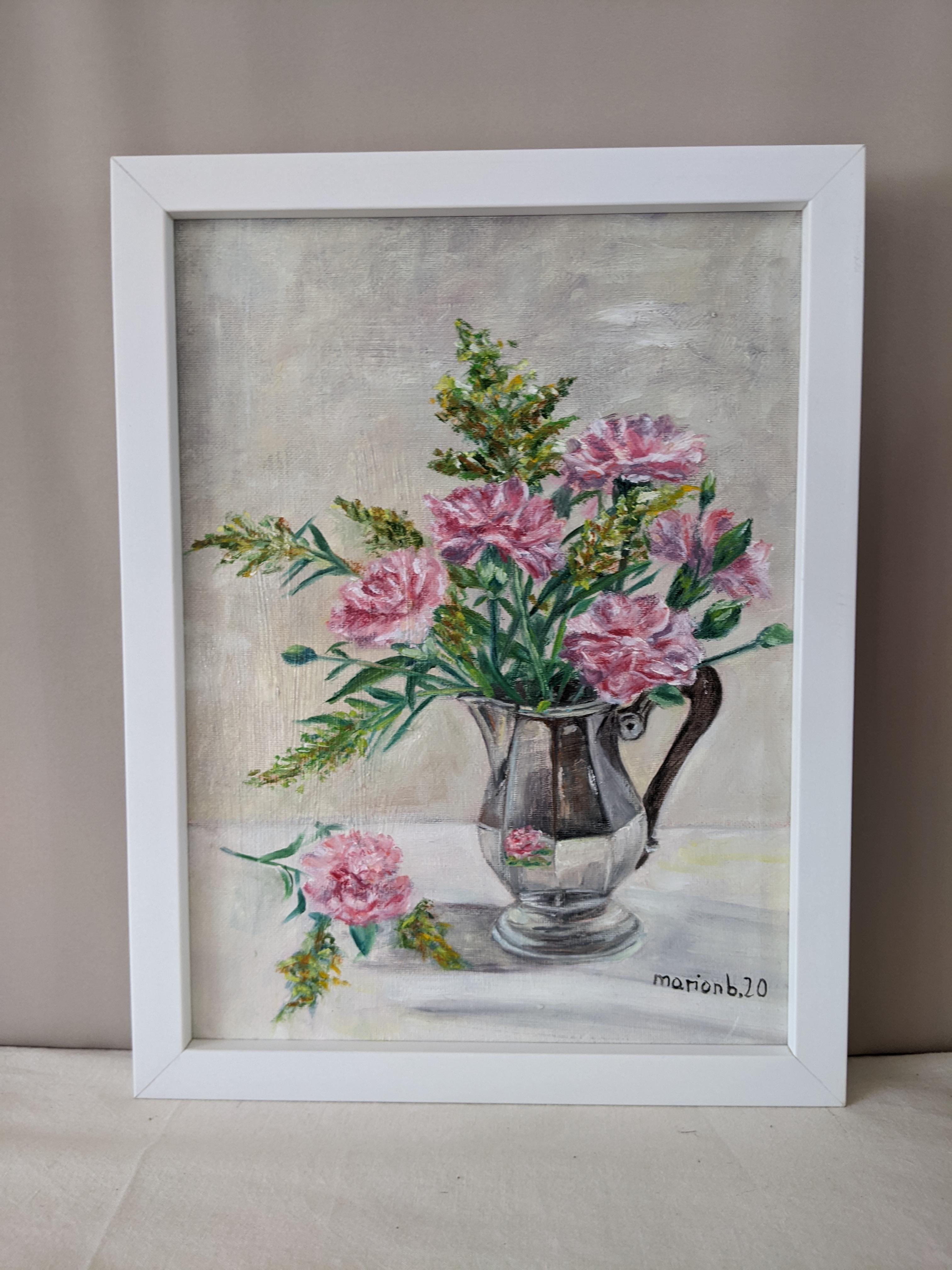 Carnations (oeillets), Original Framed Signed Contemporary Floral Still Life - Beige Still-Life Painting by Marion Buricatu