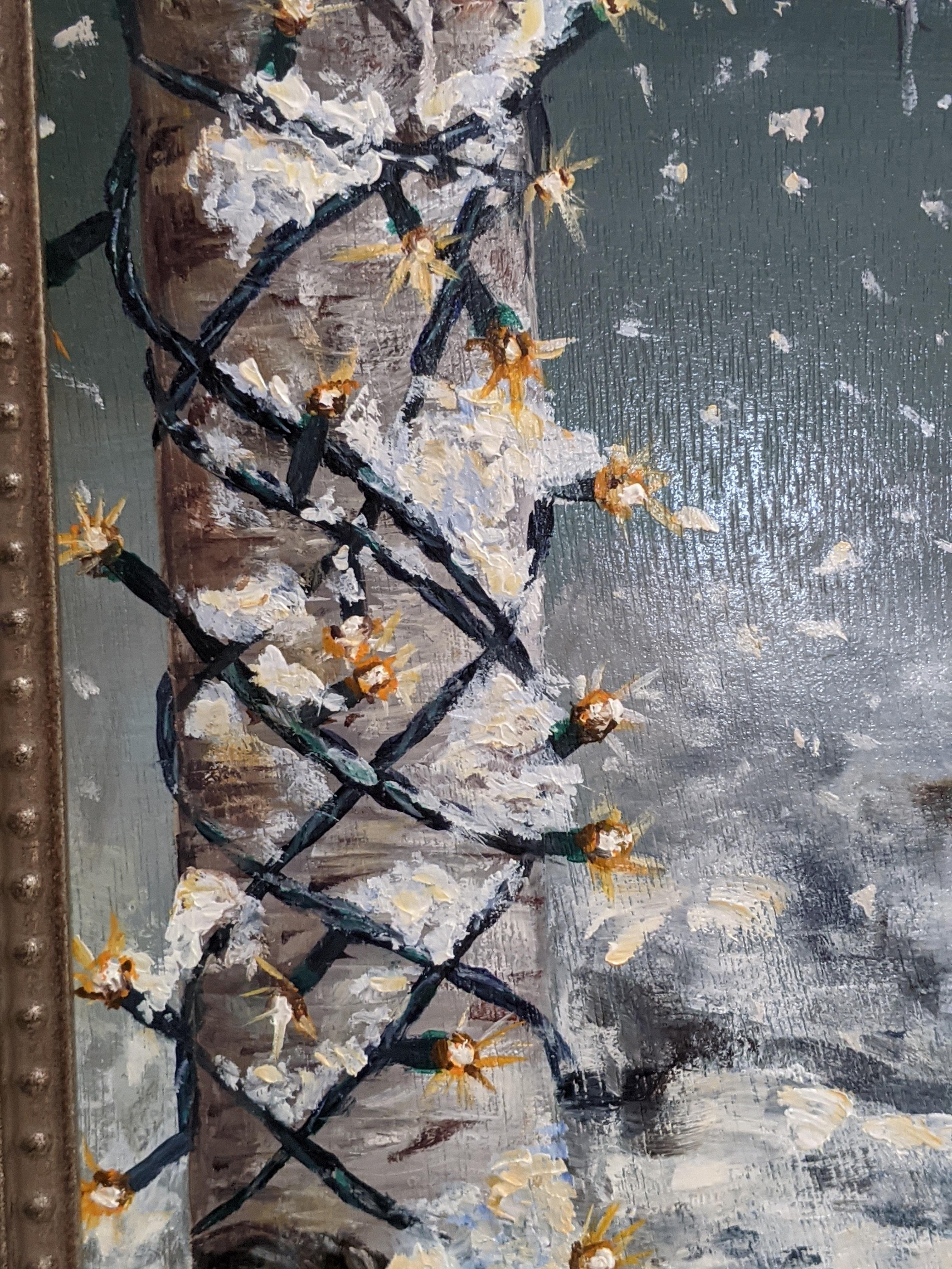 Comentario del artista:

Mis fieles clientes me han pedido en numerosas ocasiones que cree más tarjetas navideñas de invierno con mis cuadros. Mientras miraba por la ventana en este mes de marzo, las escenas nevadas que tenía delante me sirvieron de