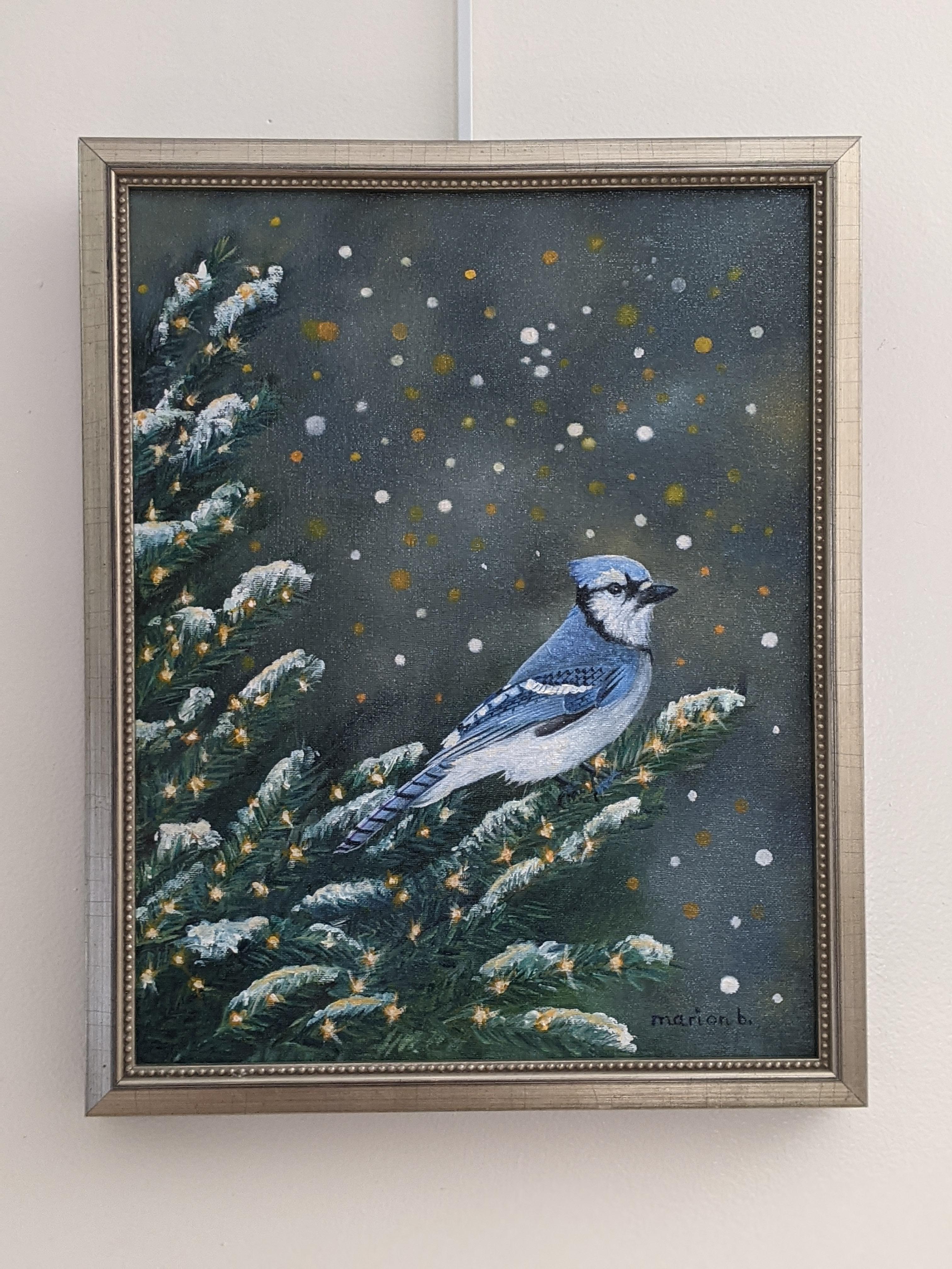 Snowy Blue Jay - Painting by Marion Buricatu