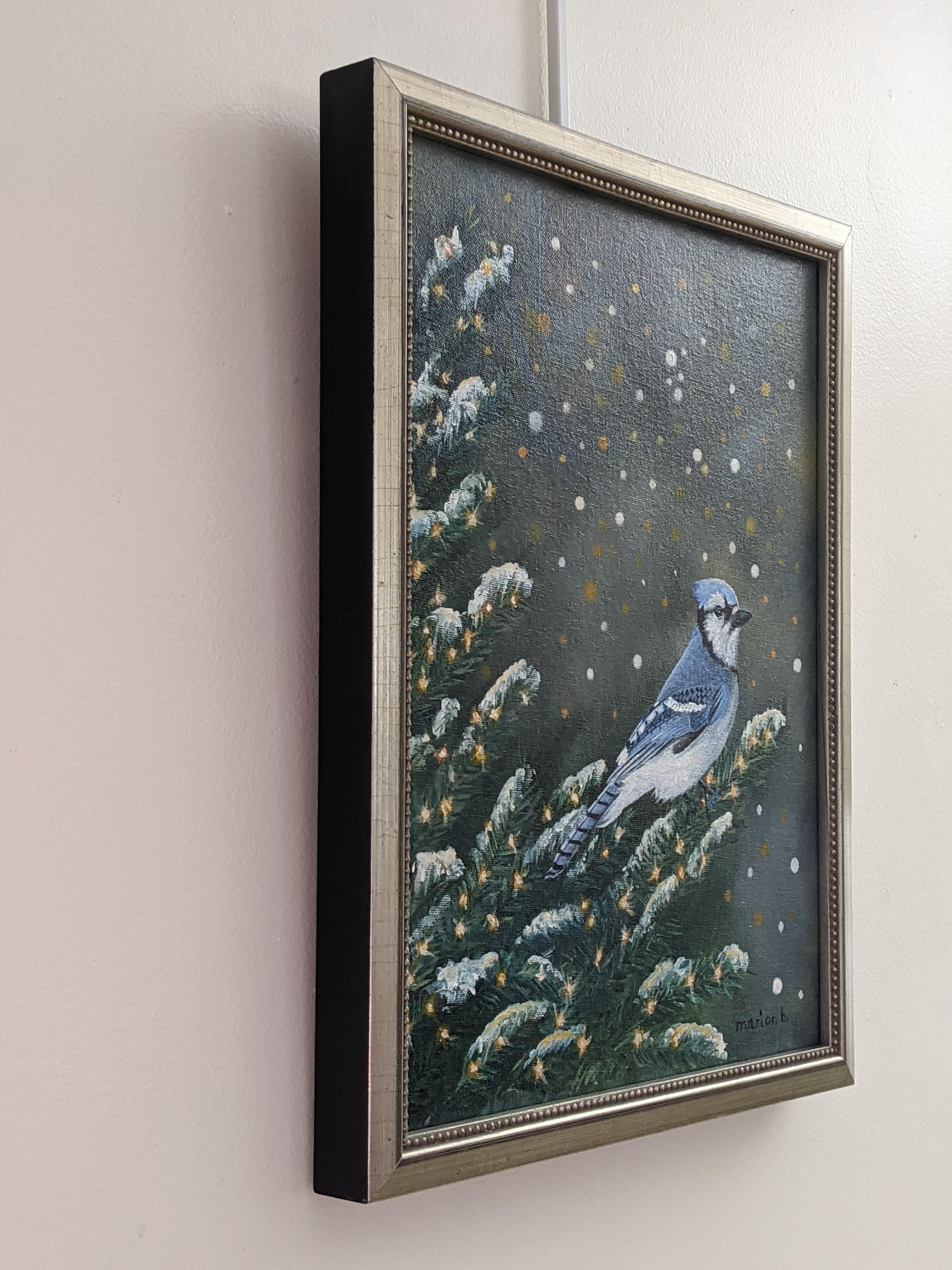 Blue Jay des neiges - Impressionnisme Painting par Marion Buricatu