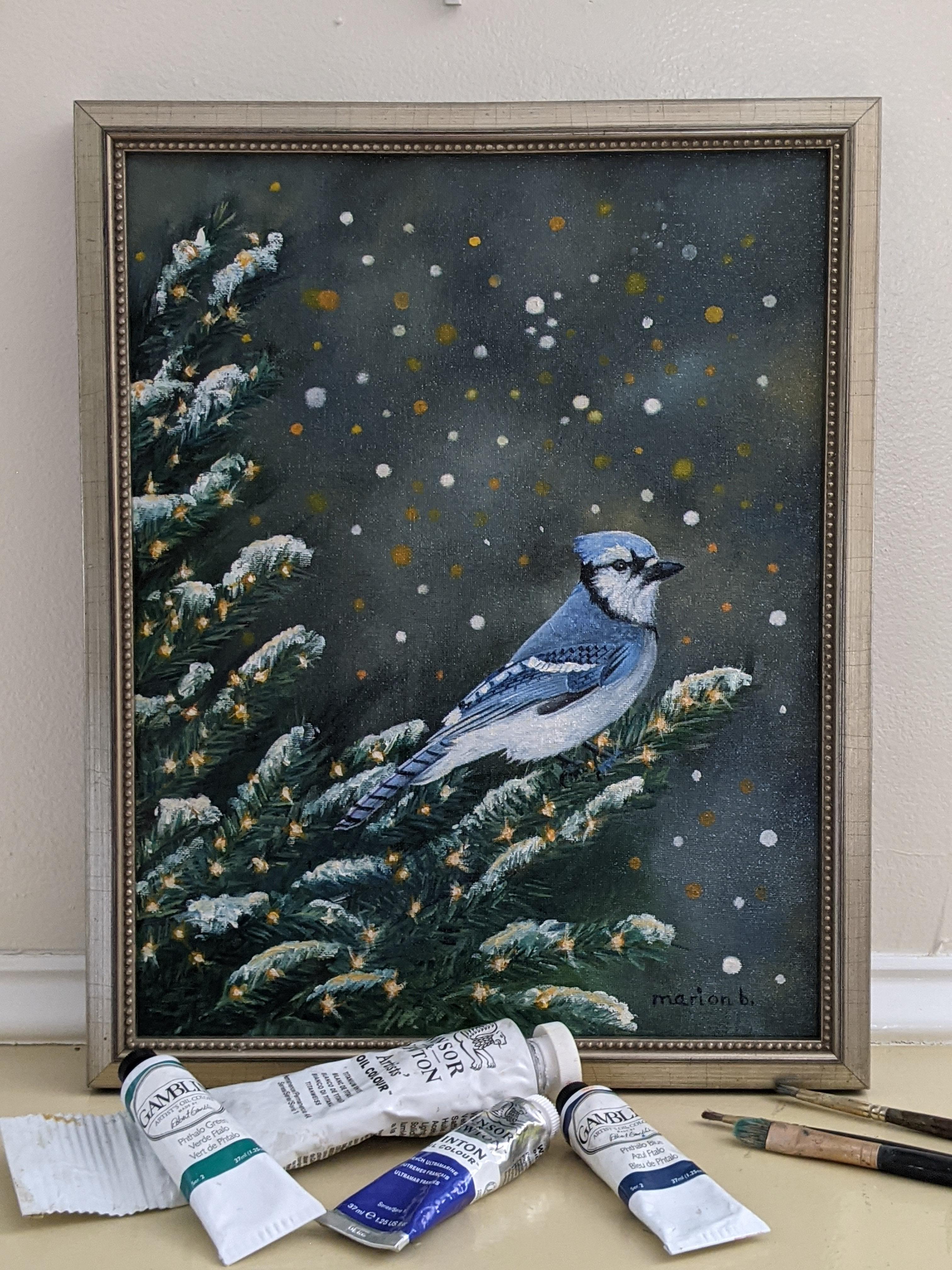 Blue Jay des neiges - Gris Animal Painting par Marion Buricatu