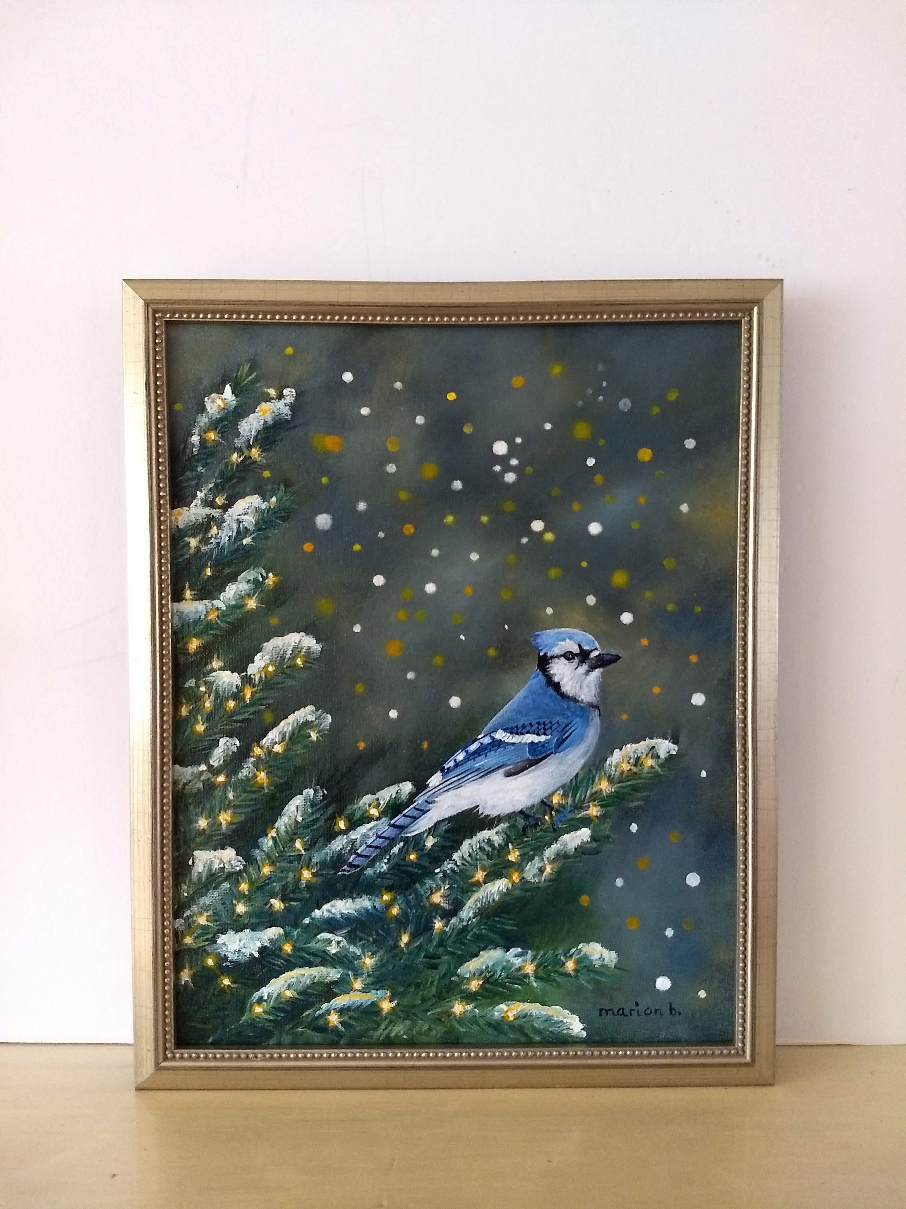 Snowy Blue Jay - Gray Animal Painting by Marion Buricatu