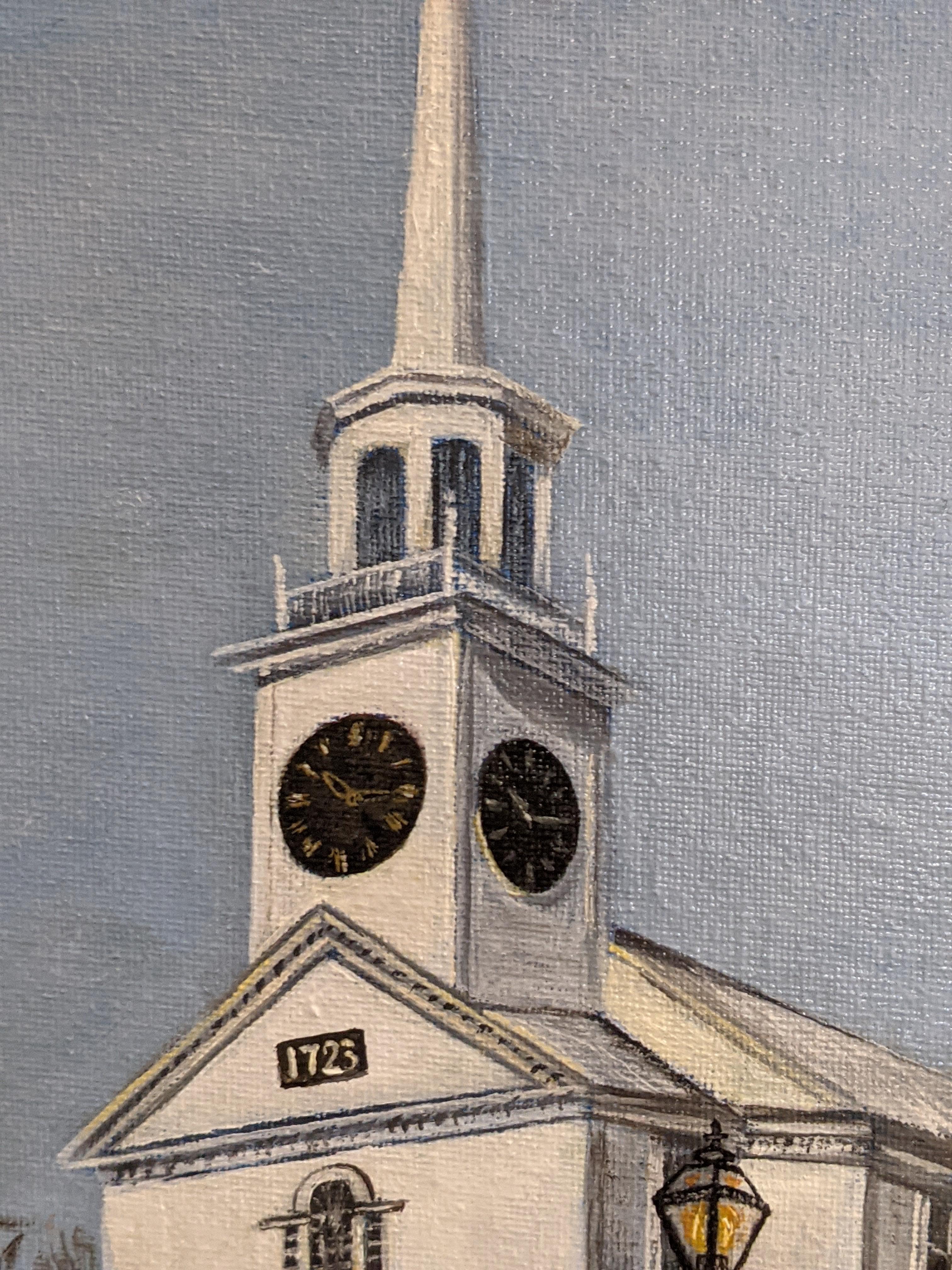 Artist Commentary:

I started a series of paintings of places in the town I live in: Shrewsbury, Massachusetts. In many New England small towns, the most important buildings are the white protestant churches in the commons. In Shrewsbury, this