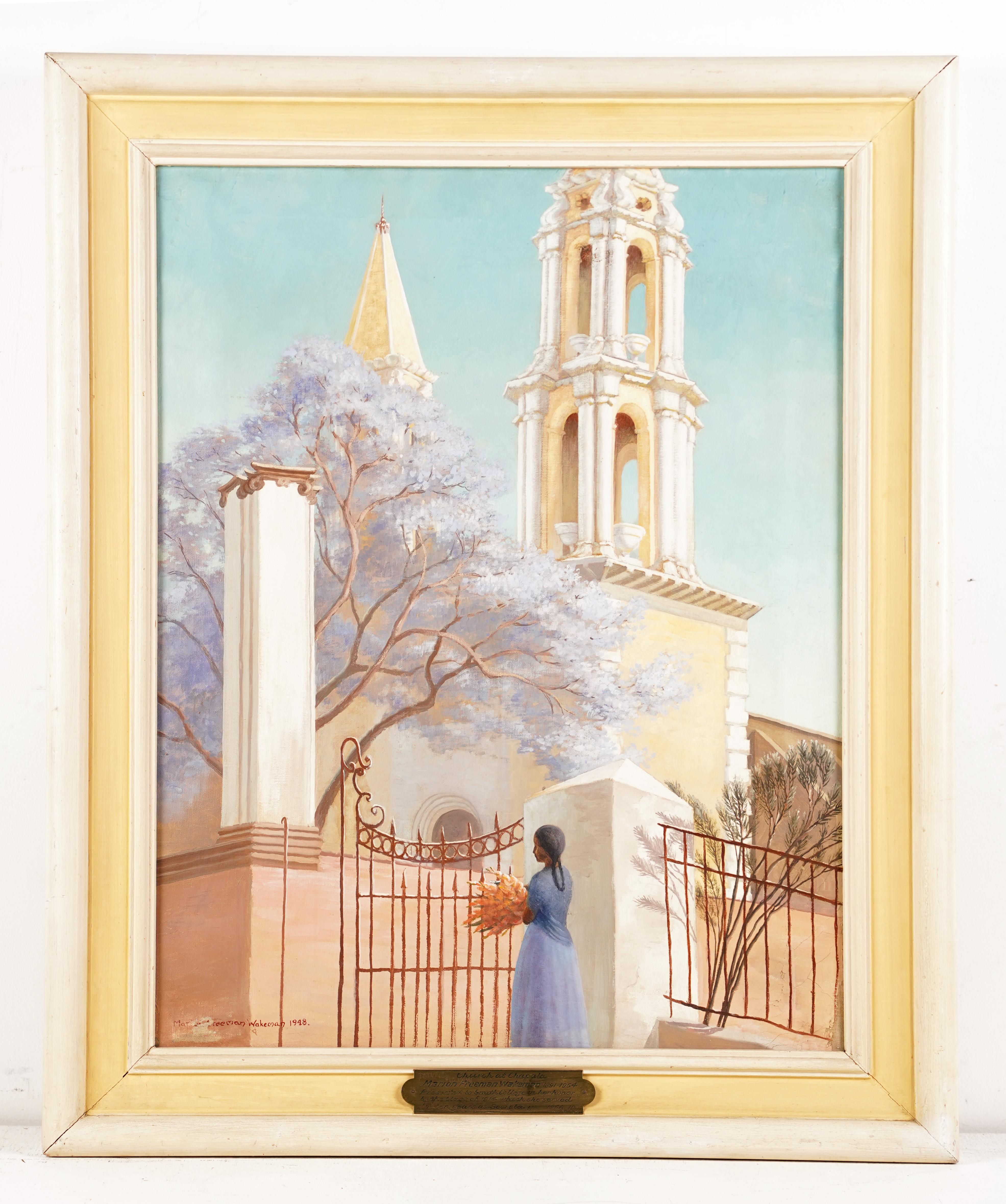 Church at Chapala, signiertes Ölgemälde der Taos-Schule, Marion Wakeman (Moderne), Painting, von Marion D Freeman Wakeman 
