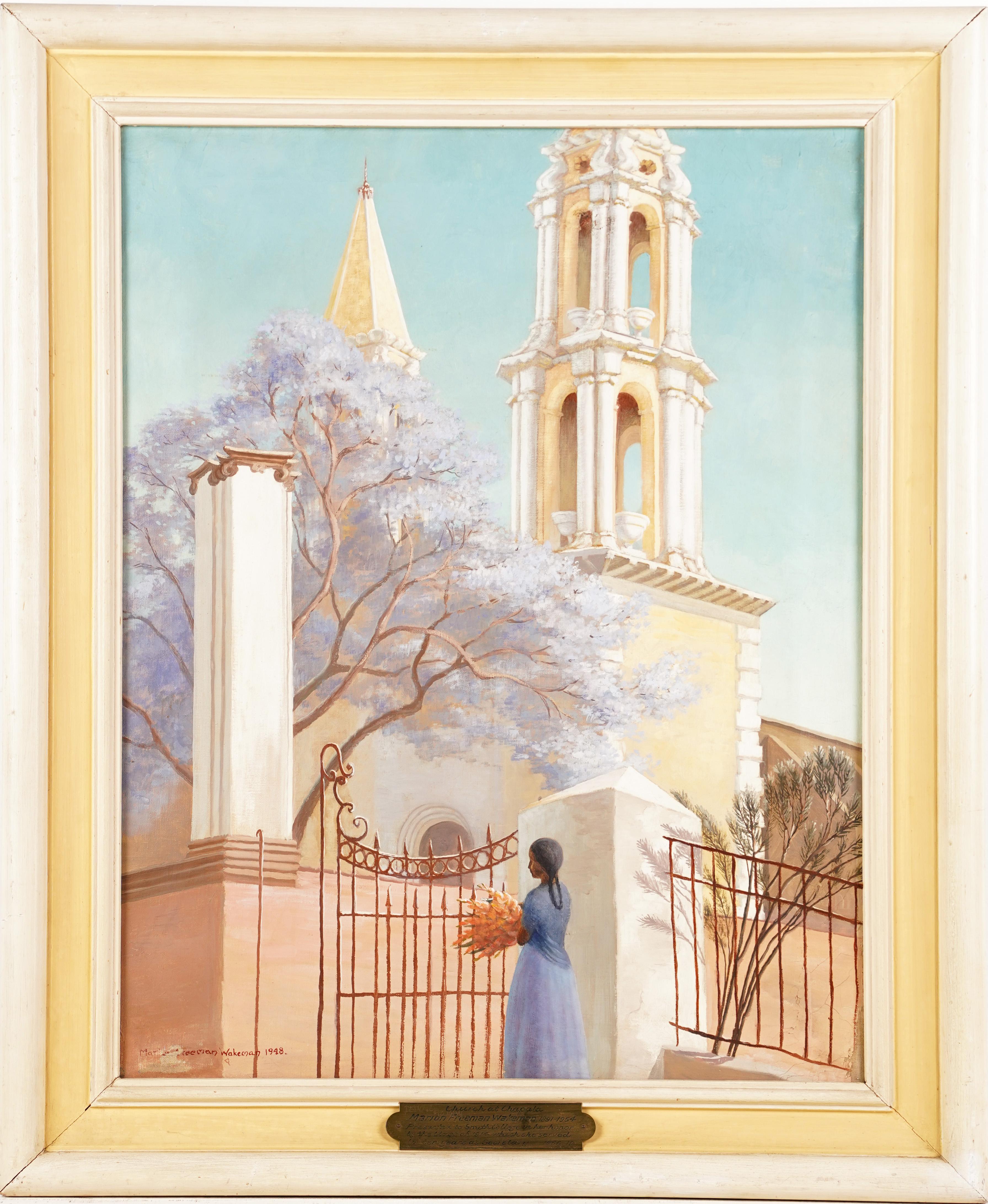 Landscape Painting di Marion D Freeman Wakeman  - Chiesa di Chapala Firmato Marion Wakeman Pittura ad olio esposta alla Scuola di Taos