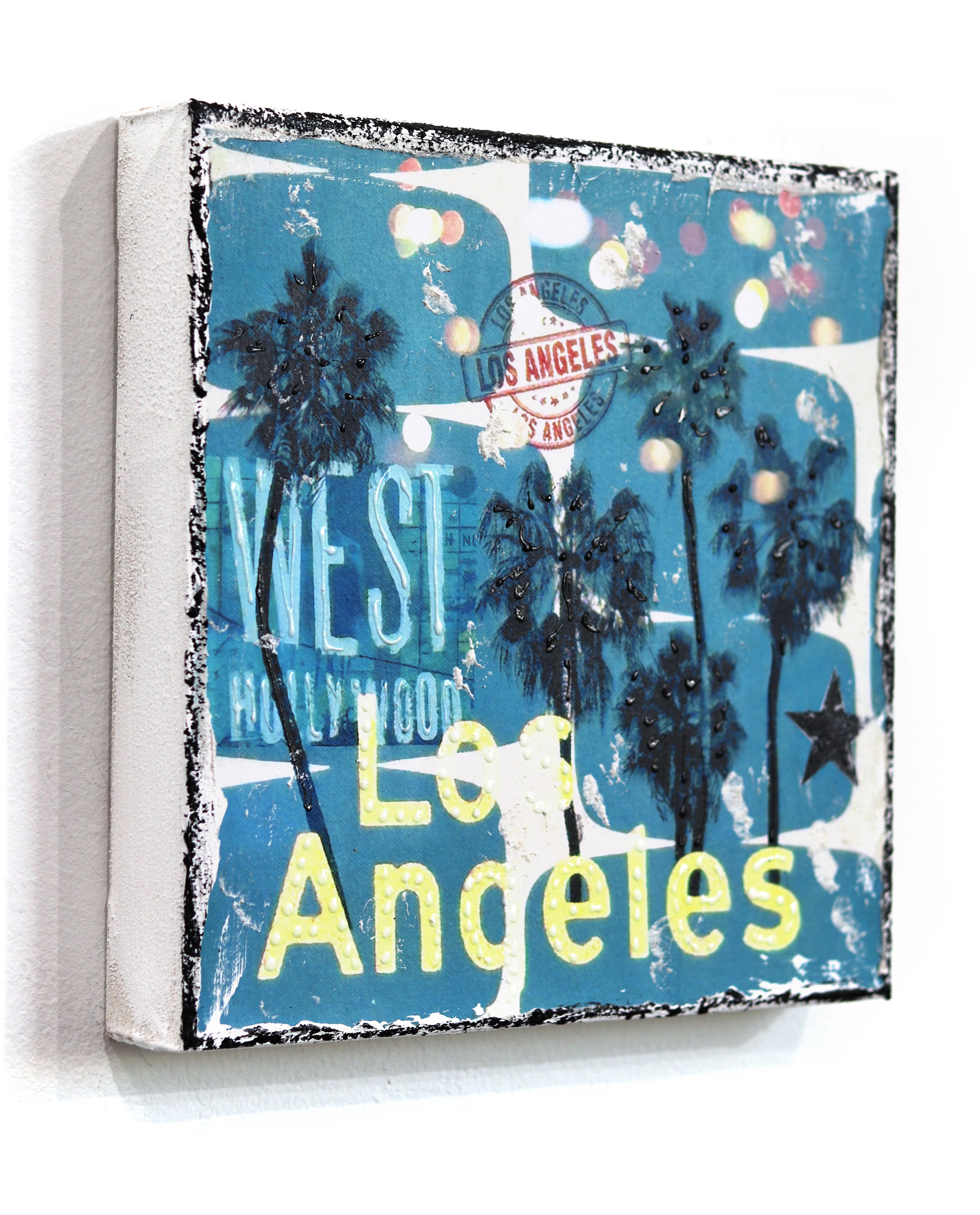 Blue LA Palms - Original Cool Tone City Inspired Textural Collage Pop Artwork For Sale 1