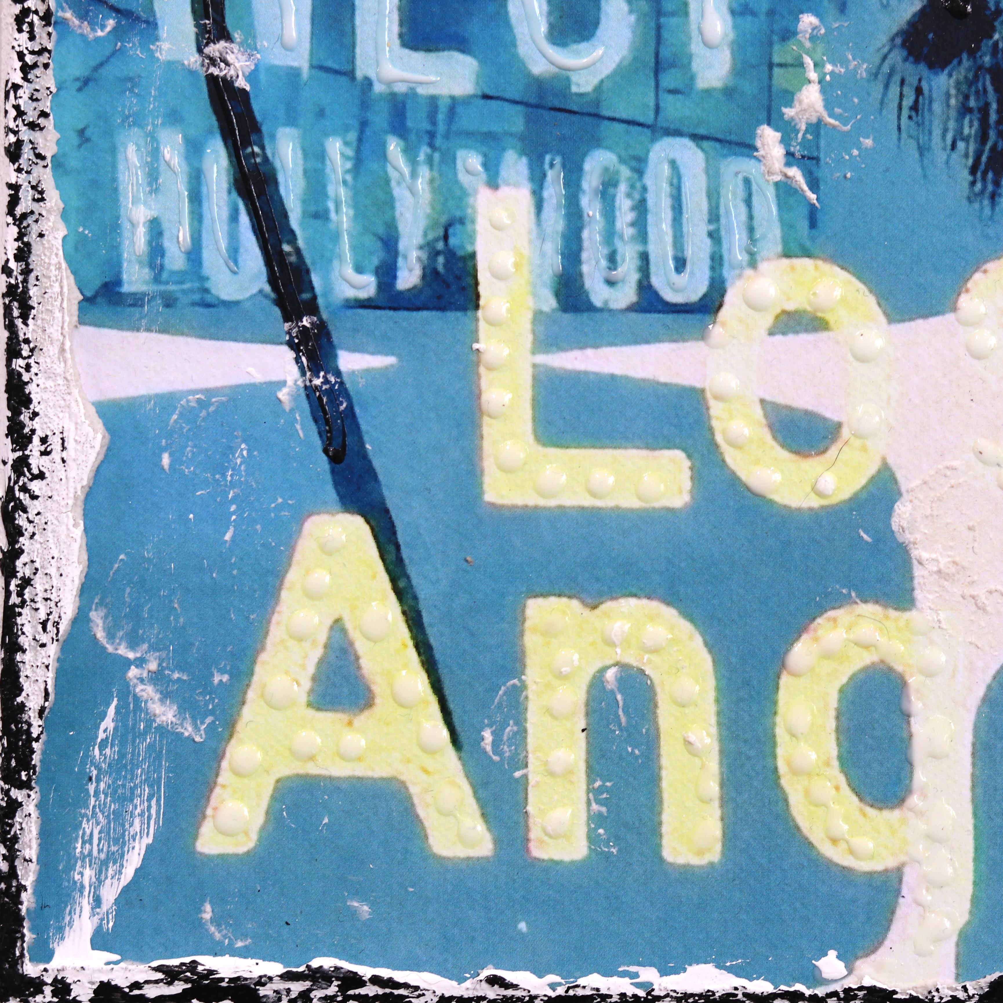 Blue LA Palms - Original Cool Tone City Inspired Textural Collage Pop Artwork For Sale 4