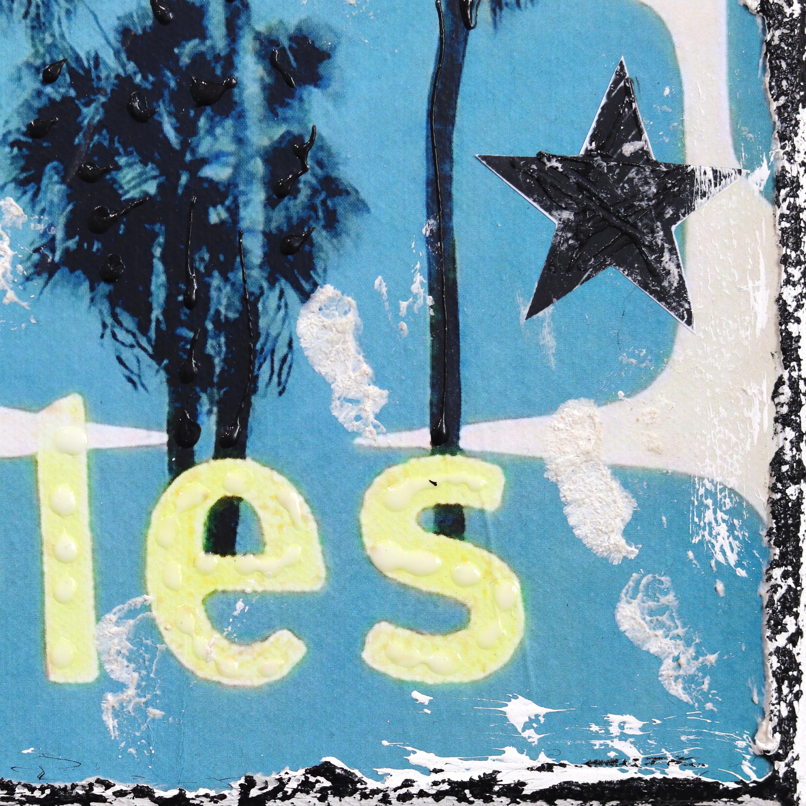 Blue LA Palms - Original Cool Tone City Inspired Textural Collage Pop Artwork For Sale 5