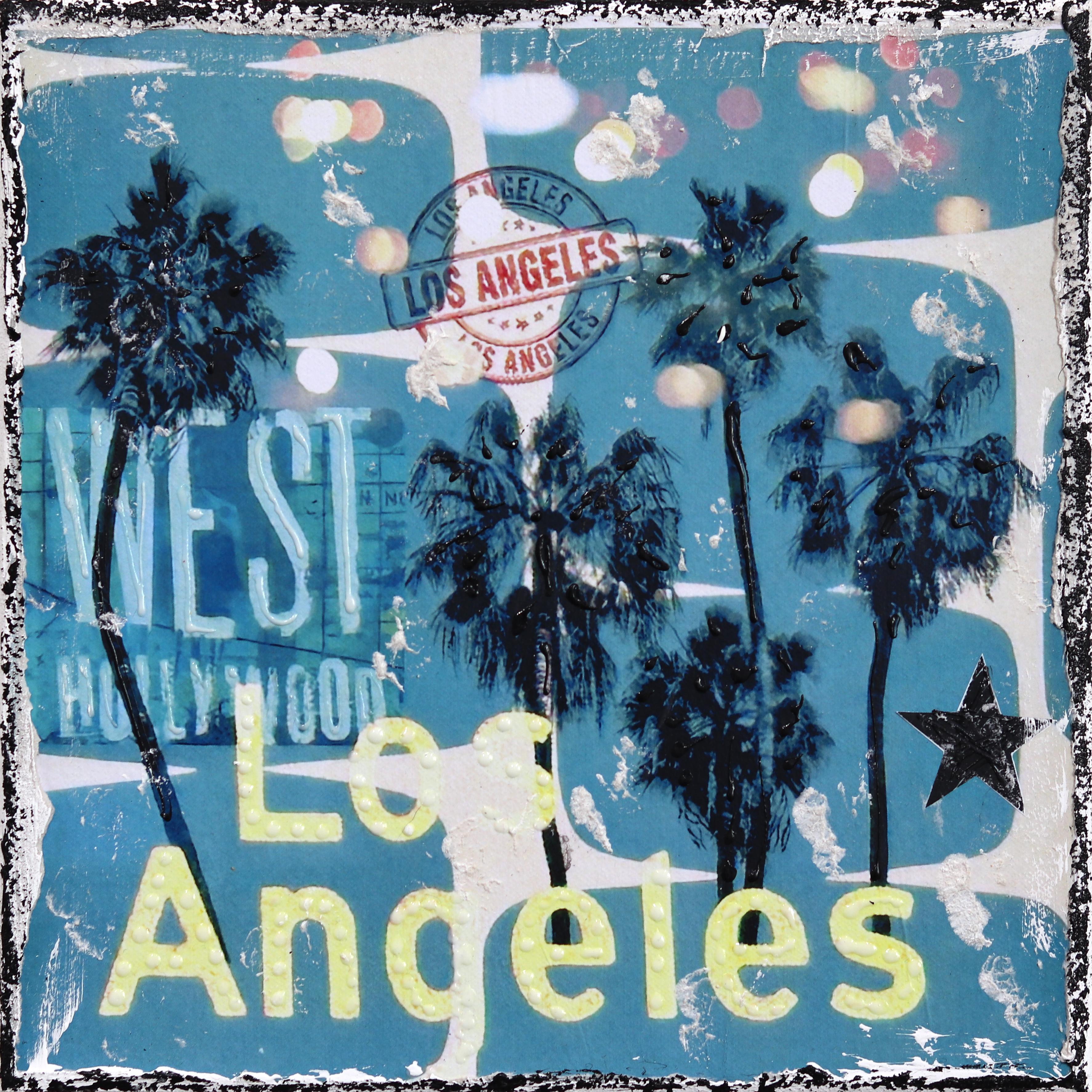Blue LA Palms - Original Cool Tone City Inspired Textural Collage Pop Artwork