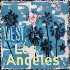 Blue LA Palms - Original Cool Tone City Inspired Textural Collage Pop Artwork
