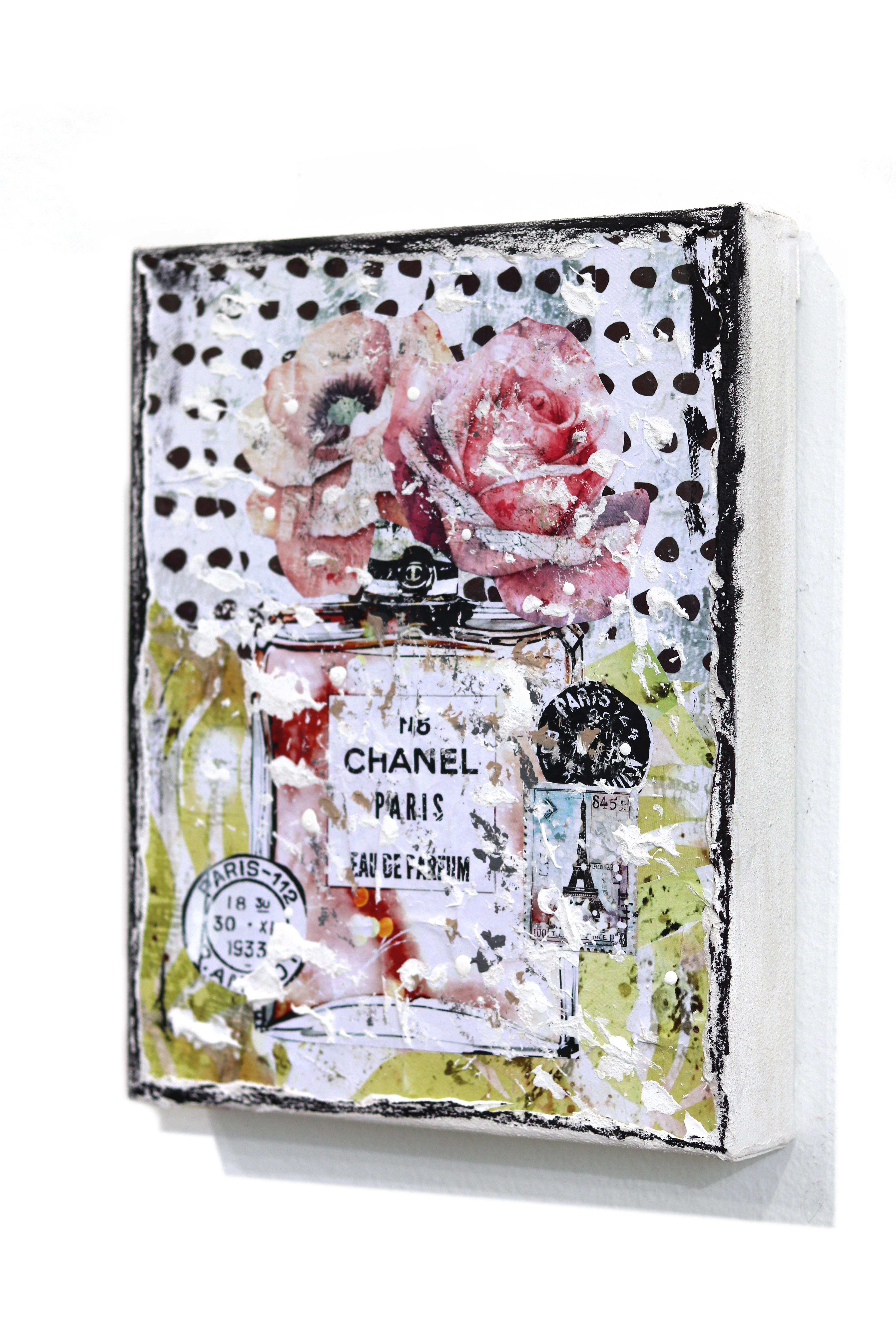 Chanel Bloom - Original Abstract Floral Perfume Textural Distressed Collage Art - Gris Still-Life Painting par Marion Duschletta