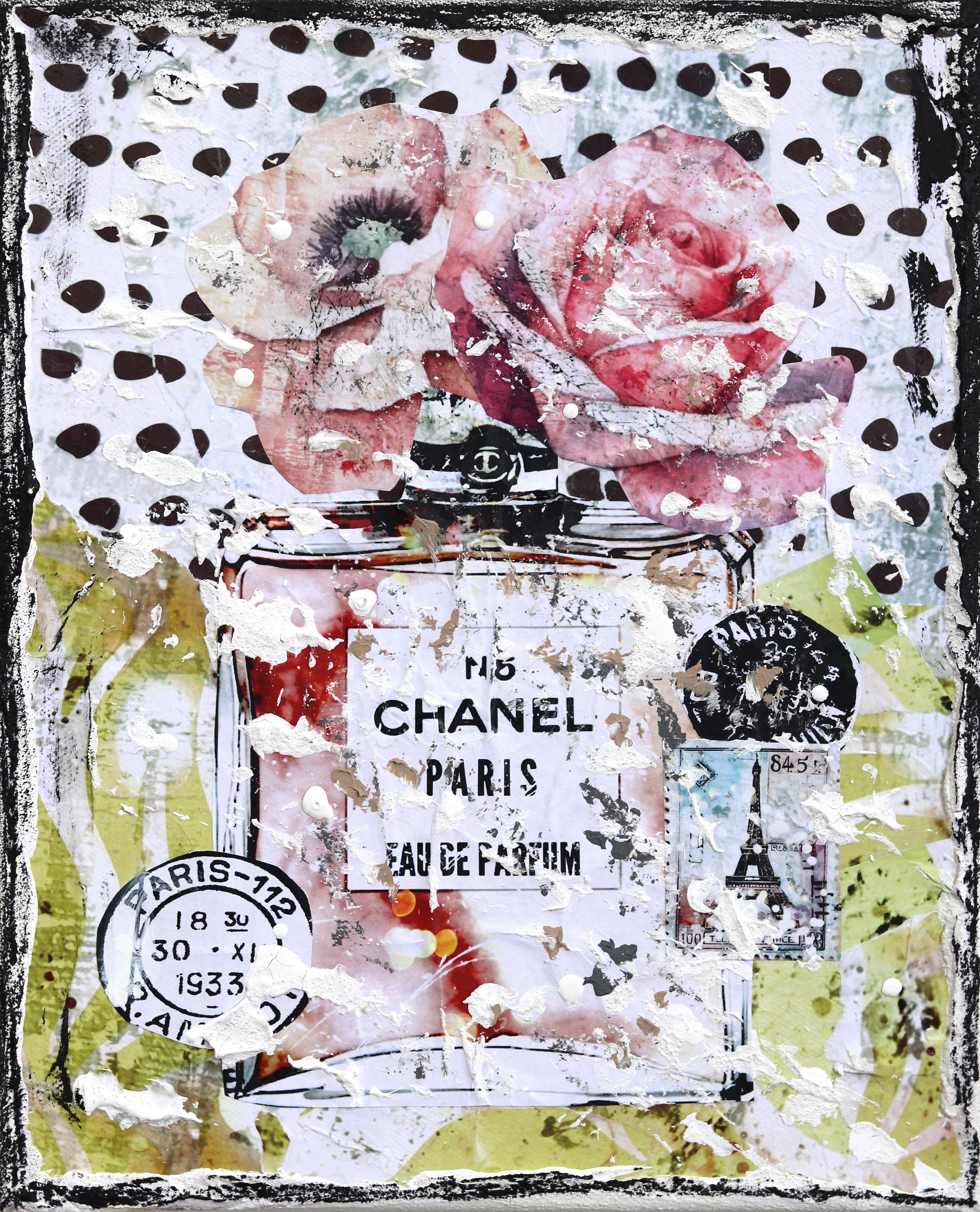 Still-Life Painting Marion Duschletta - Chanel Bloom - Original Abstract Floral Perfume Textural Distressed Collage Art
