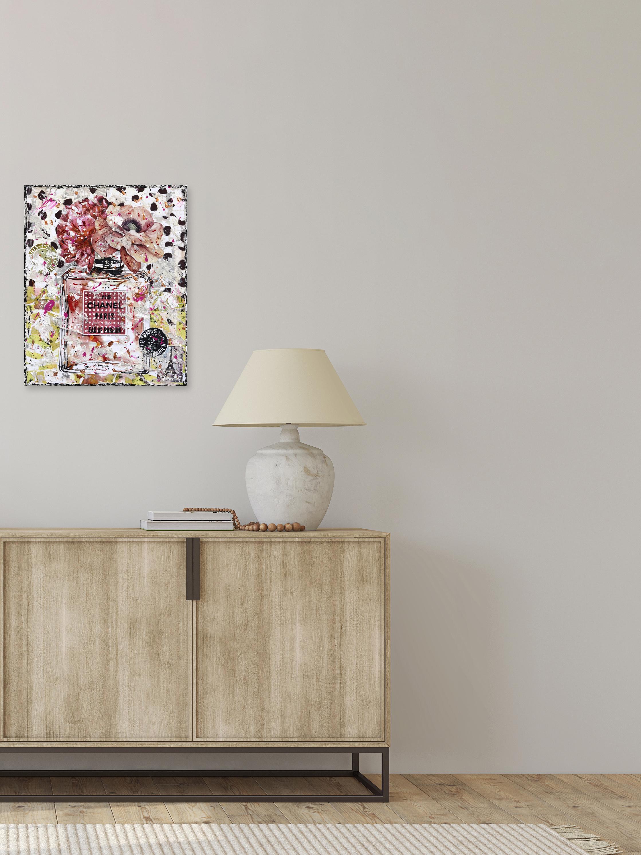 Chanel Party - Original Feminine Floral Perfume Still Life Textural Collage - Painting by Marion Duschletta