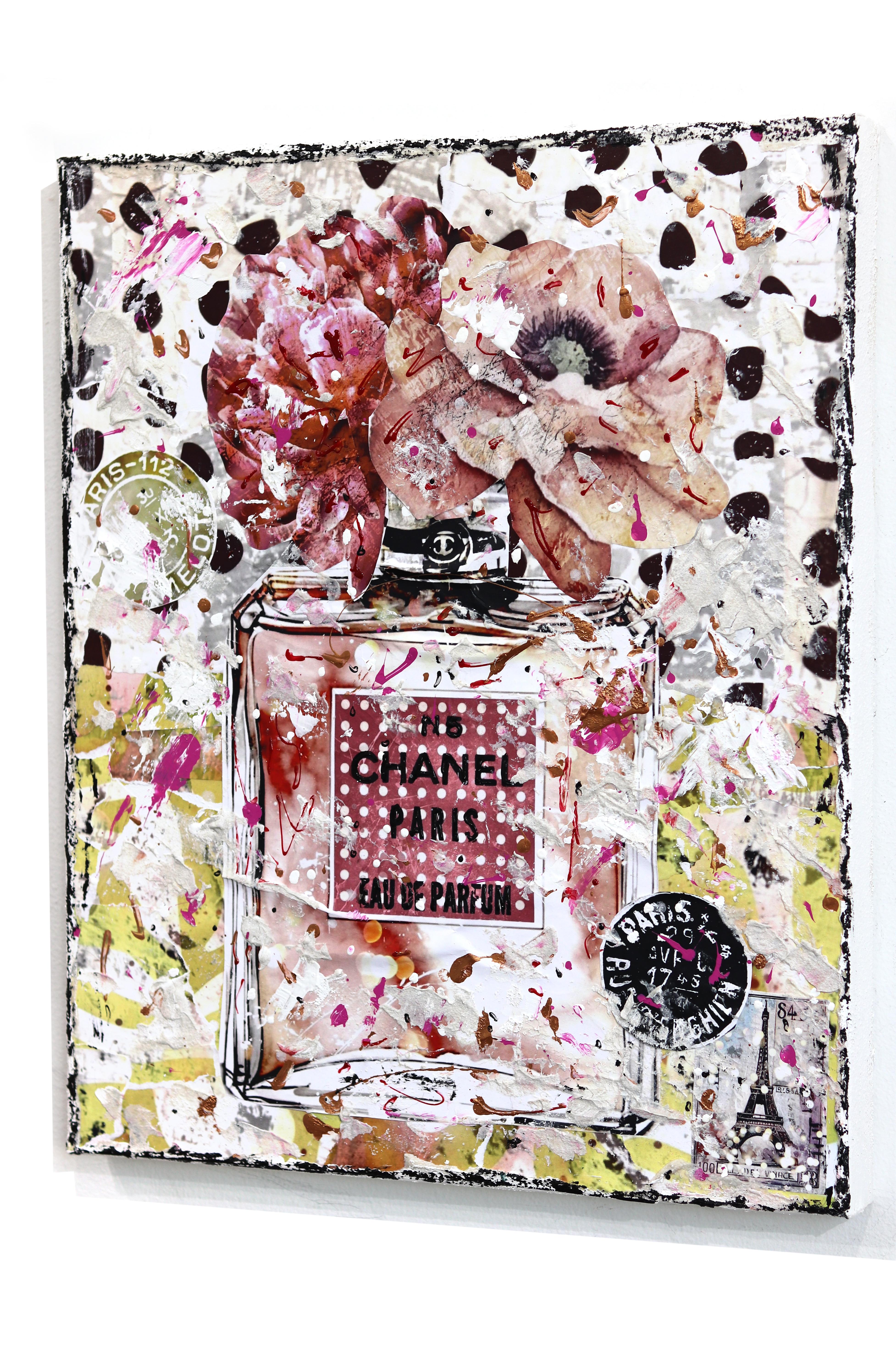 Chanel Party - Original Feminine Floral Perfume Still Life Textural Collage - Beige Still-Life Painting by Marion Duschletta