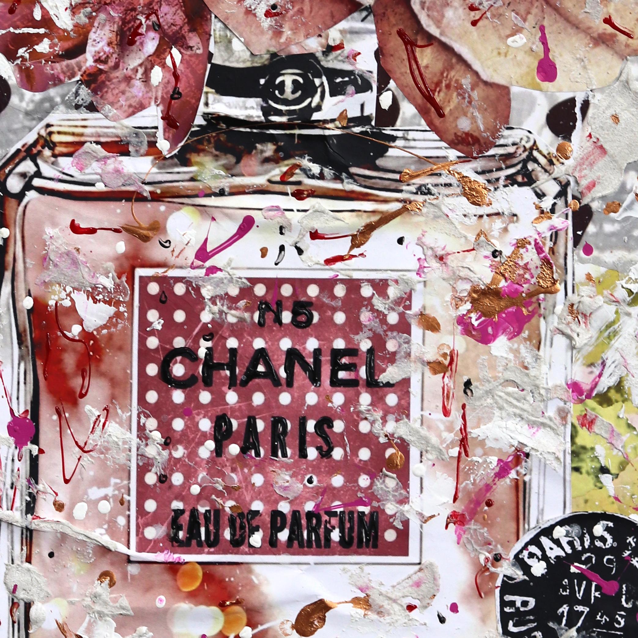 Chanel Party - Original Feminine Floral Perfume Still Life Textural Collage For Sale 4