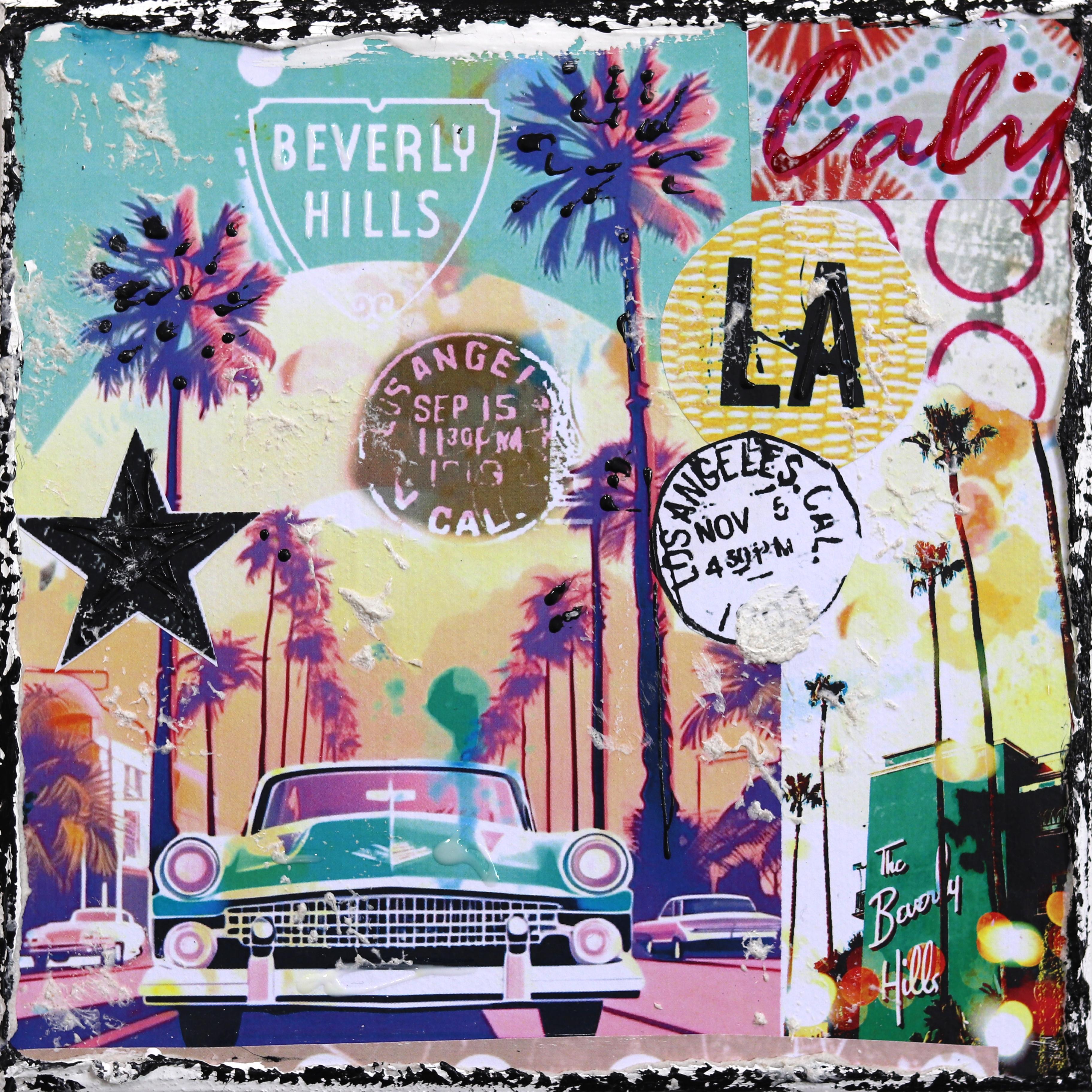 Cruisin' Beverly - Collage original abstrait coloré et texturé inspiré de la ville