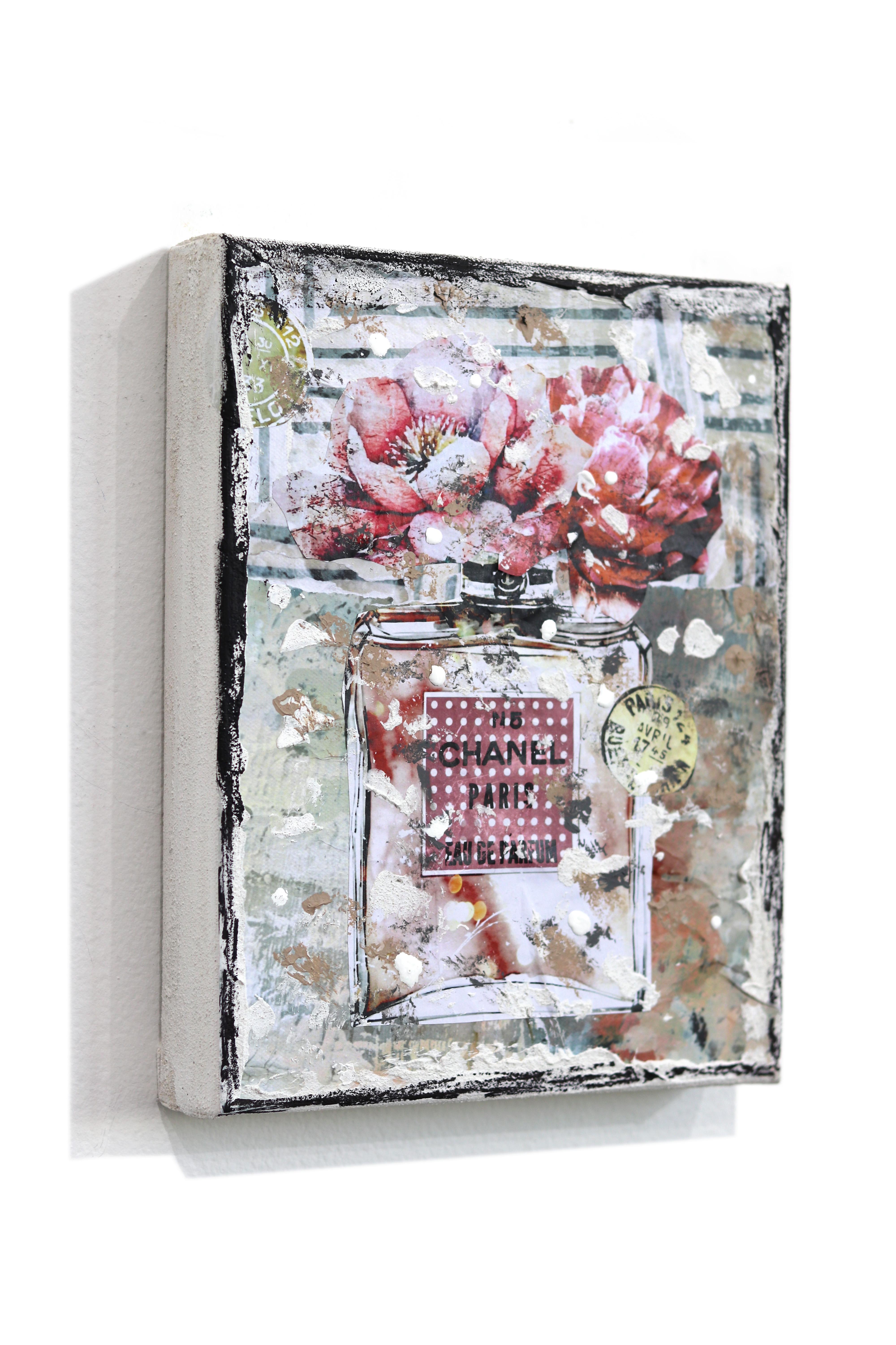 Eau de Chanel - Original Abstract Floral Perfume Textural Distressed Collage Art - Gris Still-Life Painting par Marion Duschletta