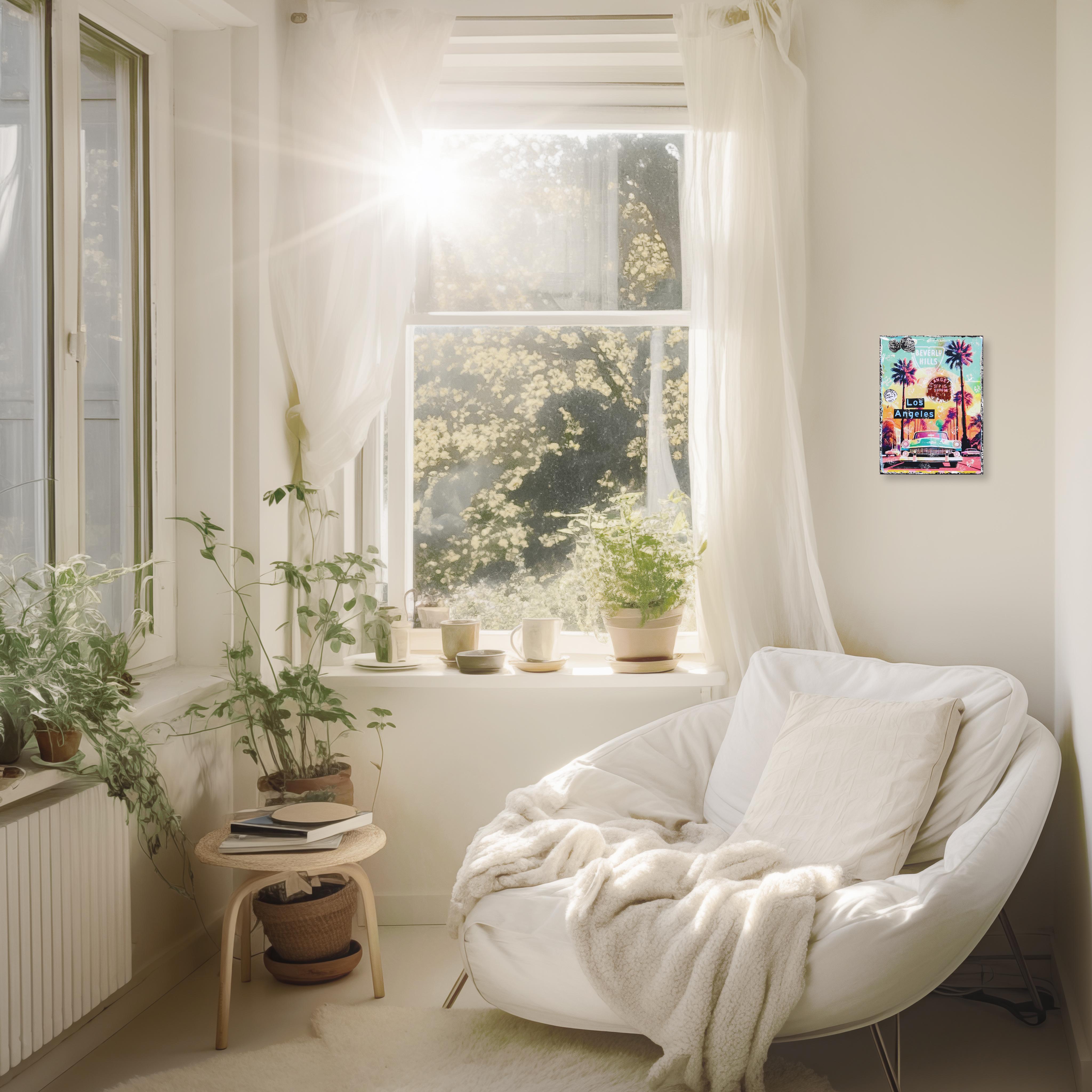 LA Sunset - Original lebhafte, farbenfrohe Stadtstillleben-Landschaft mit strukturierter Collage (Pop-Art), Mixed Media Art, von Marion Duschletta