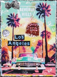 LA Sunset - Original Vibrant Colorful City Still Life Landscape Textural Collage