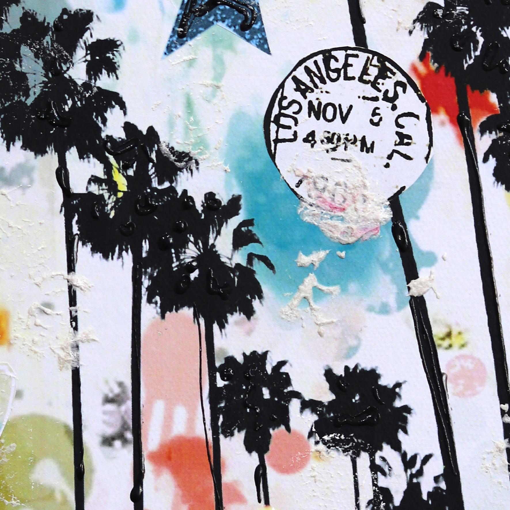 Vistas de Los Angeles - Obra de arte original collage de ciudad abstracto con textura desgastada en venta 4