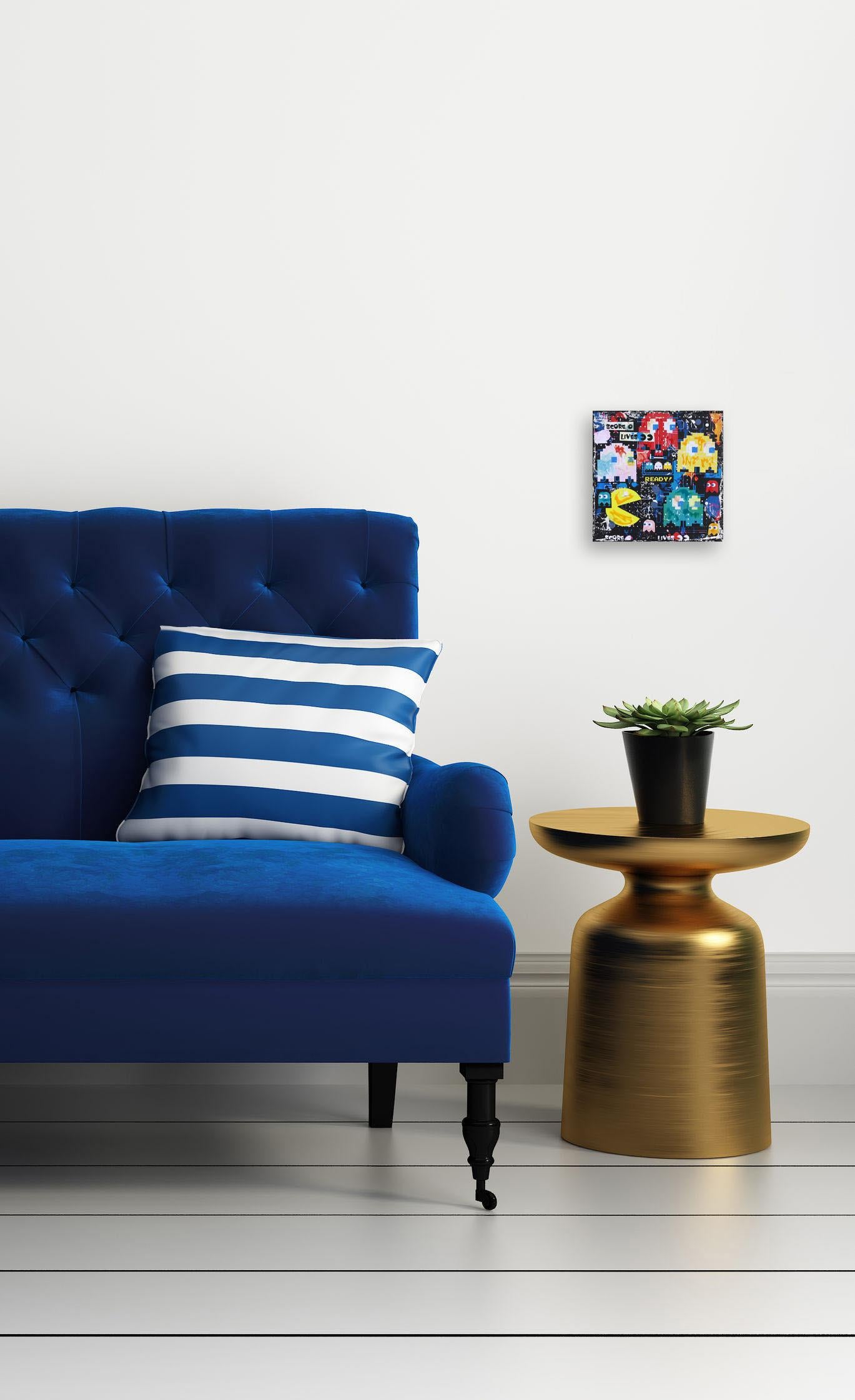 Pac-Man Score 0 - Original Colorful Retro Pop Art Collage on Canvas - Painting by Marion Duschletta