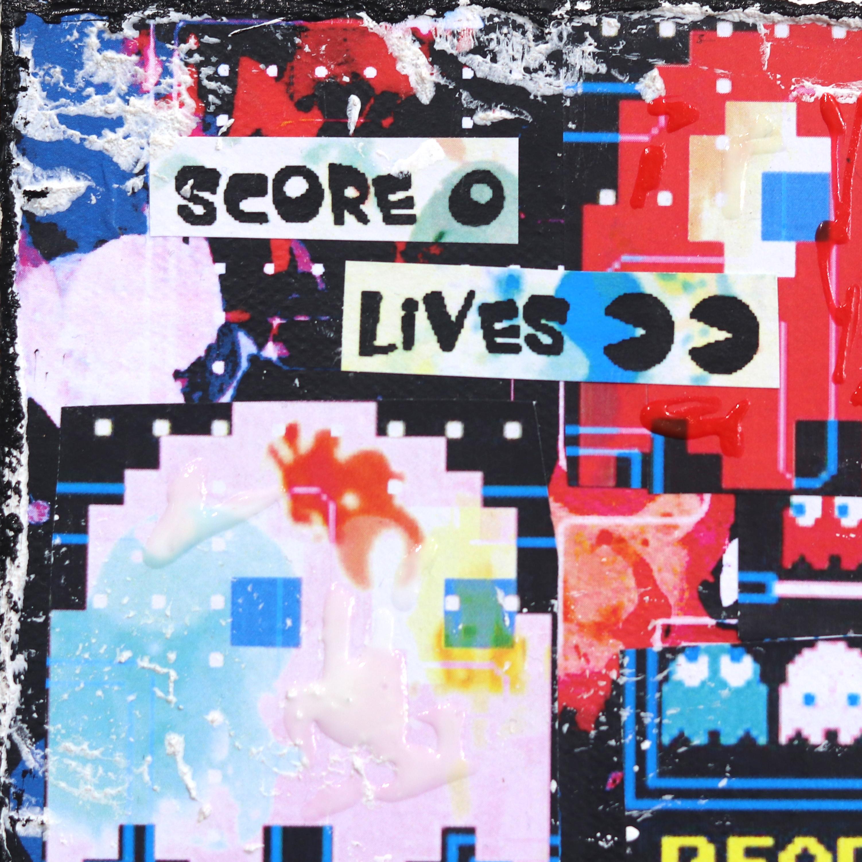 Pac-Man Score 0 - Original Colorful Retro Pop Art Collage on Canvas - Black Figurative Painting by Marion Duschletta