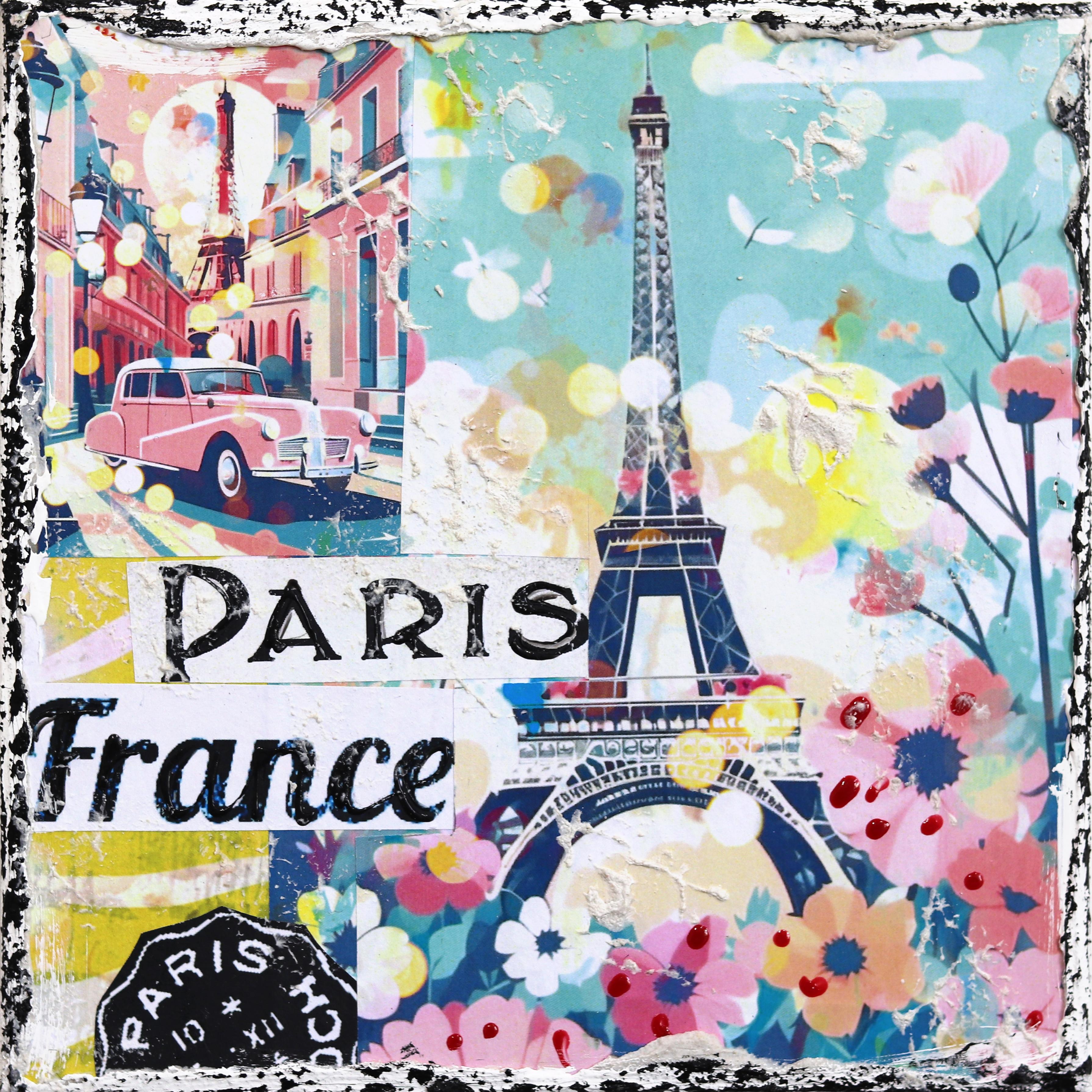 Marion Duschletta Landscape Painting - Paris Bokeh - Original Abstract Color Drenched Textural City Collage Artwork