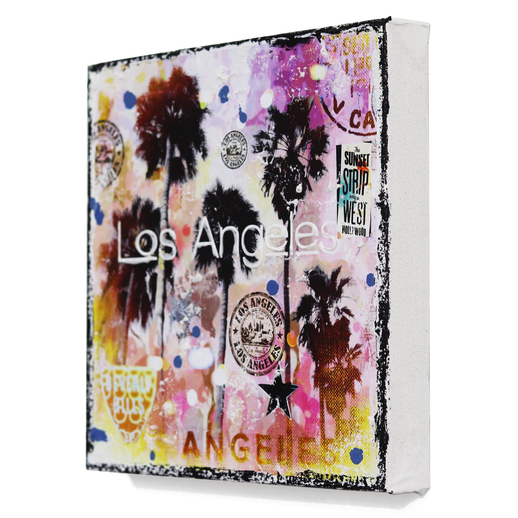 Pink Los Angeles - Collage original de paisaje pop art sobre lienzo en venta 1