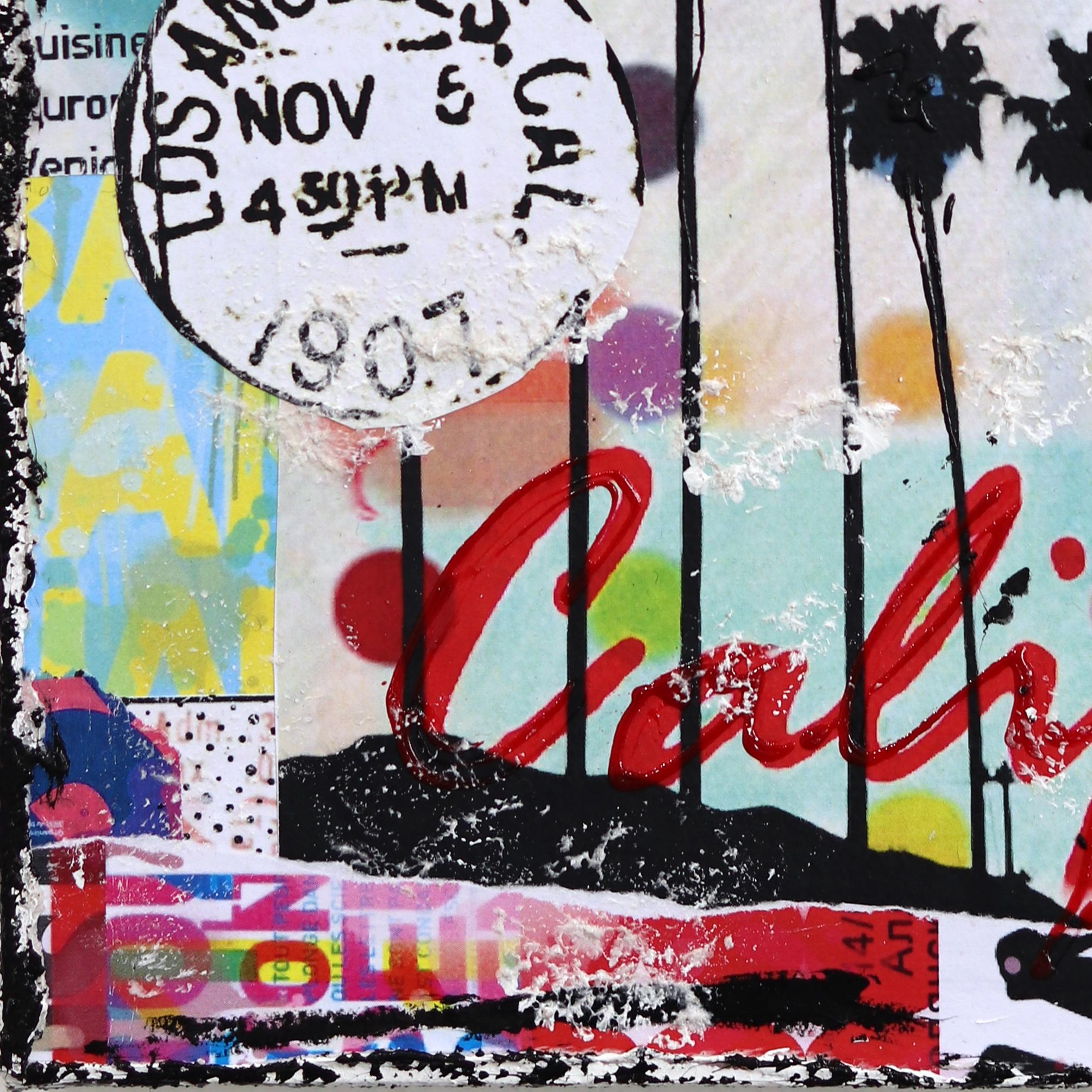 Starring LA - Original abstrakte bunte texturierte Distressed Stadt Collage Kunst im Angebot 4