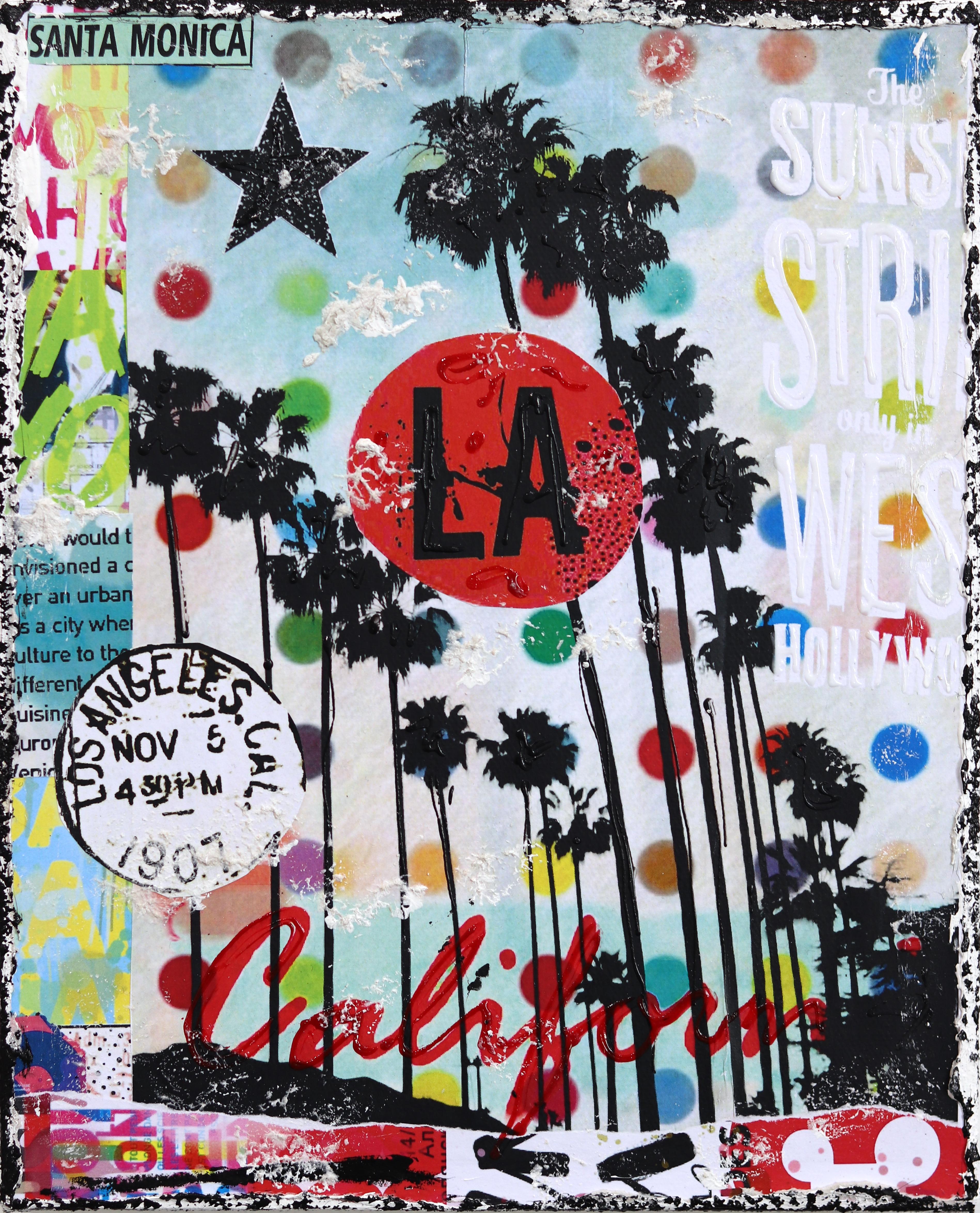 Starring LA - Original abstrakte bunte texturierte Distressed Stadt Collage Kunst – Mixed Media Art von Marion Duschletta