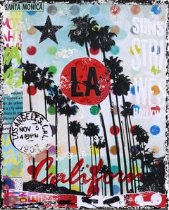 Starring LA - Original abstrakte bunte texturierte Distressed Stadt Collage Kunst