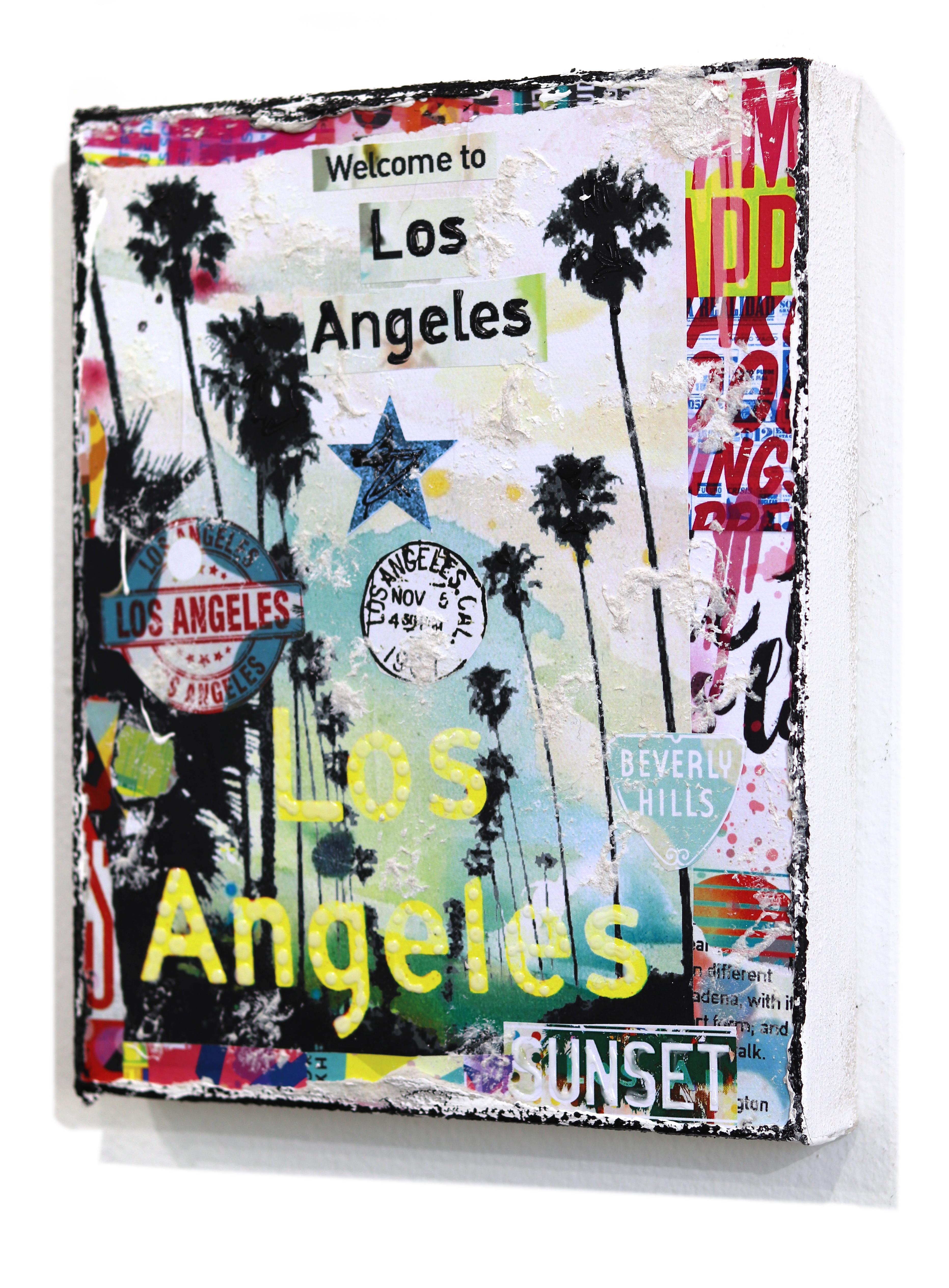Willkommen in LA - Original Abstrakt Bunt Texturiert Distressed Stadt Collage Kunst im Angebot 1
