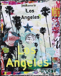 Willkommen in LA - Original Abstrakt Bunt Texturiert Distressed Stadt Collage Kunst