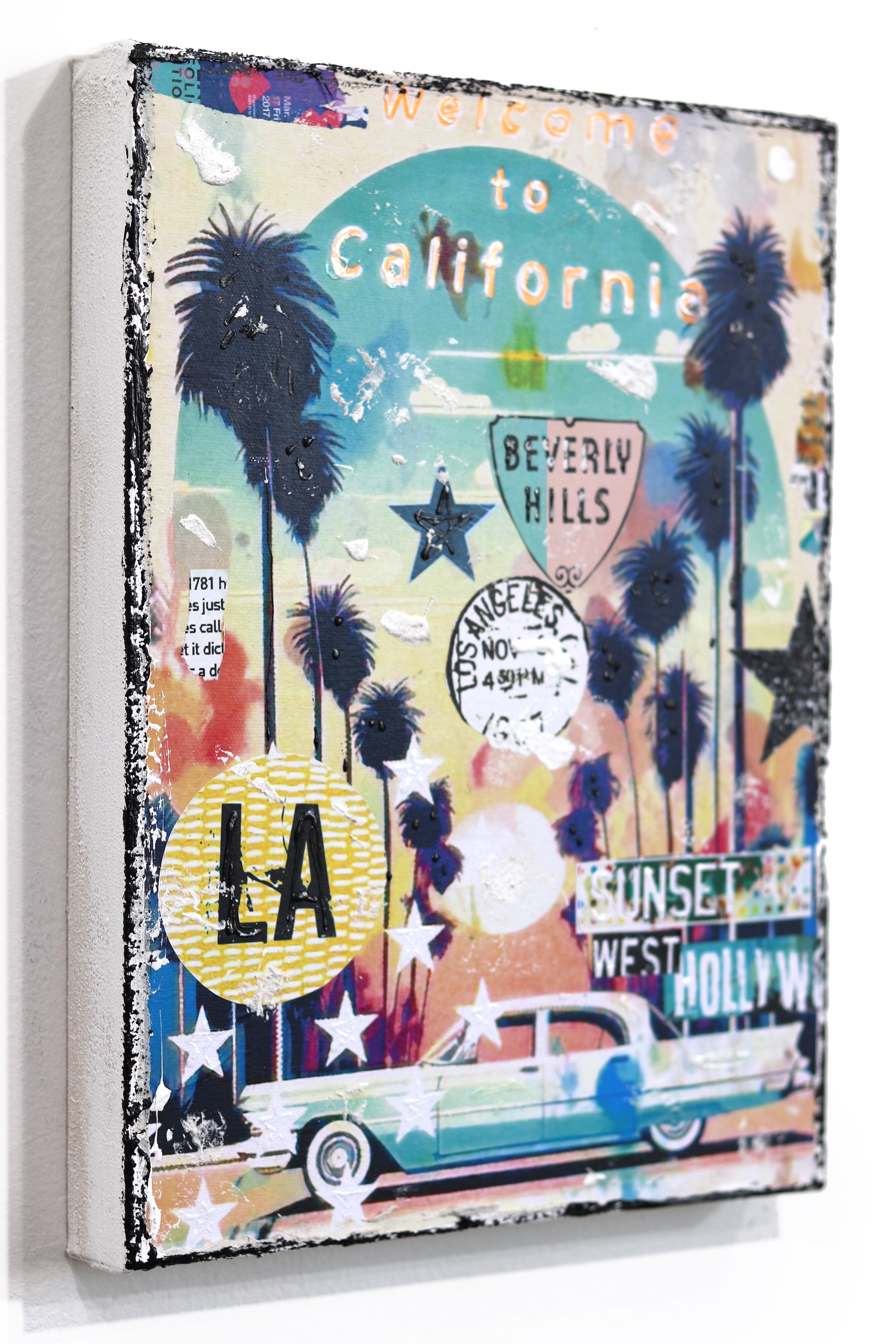 Welcome to Sunny LA - Original Vibrant Colorful City Still Life Textural Collage For Sale 1