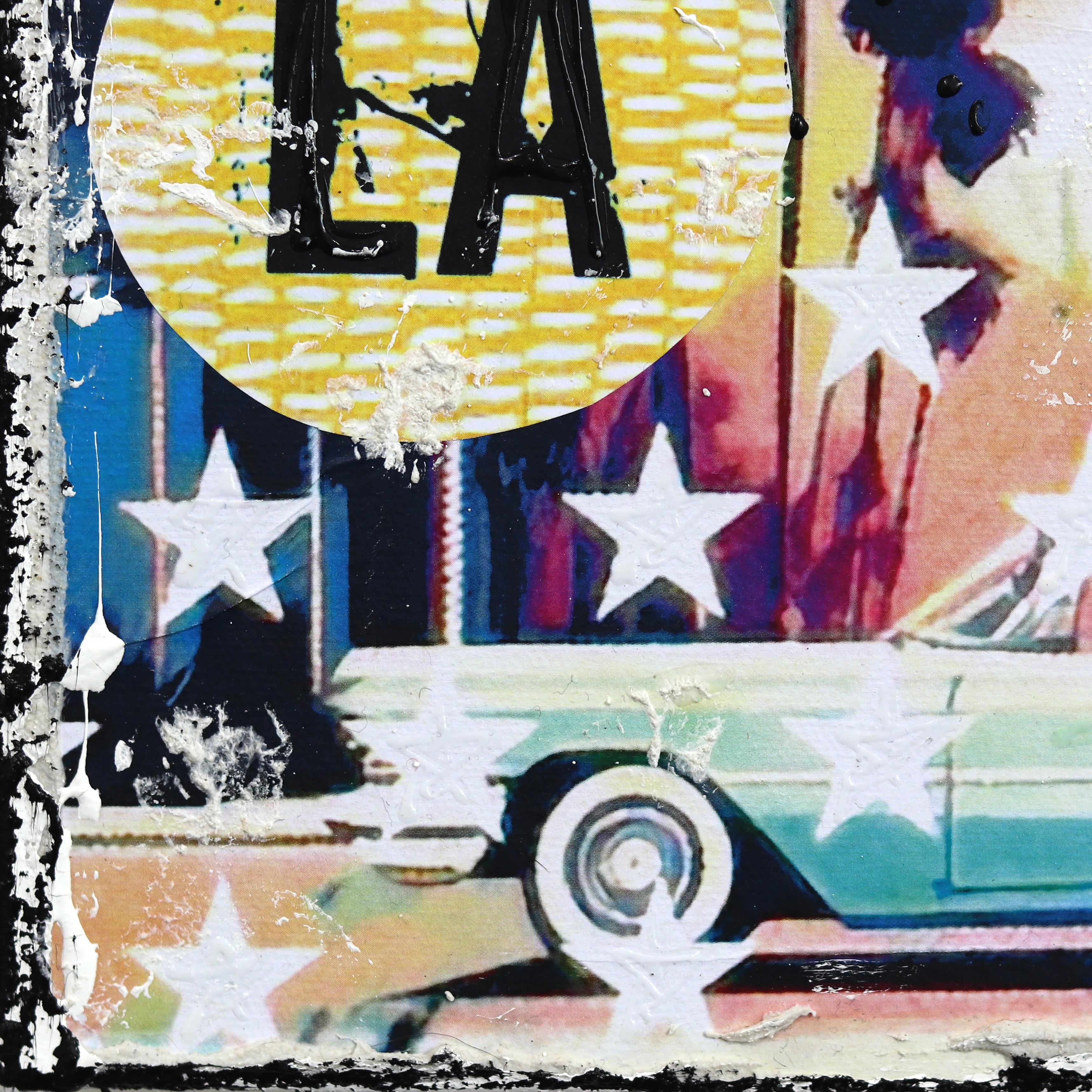 Welcome to Sunny LA - Original Vibrant Colorful City Still Life Textural Collage For Sale 4
