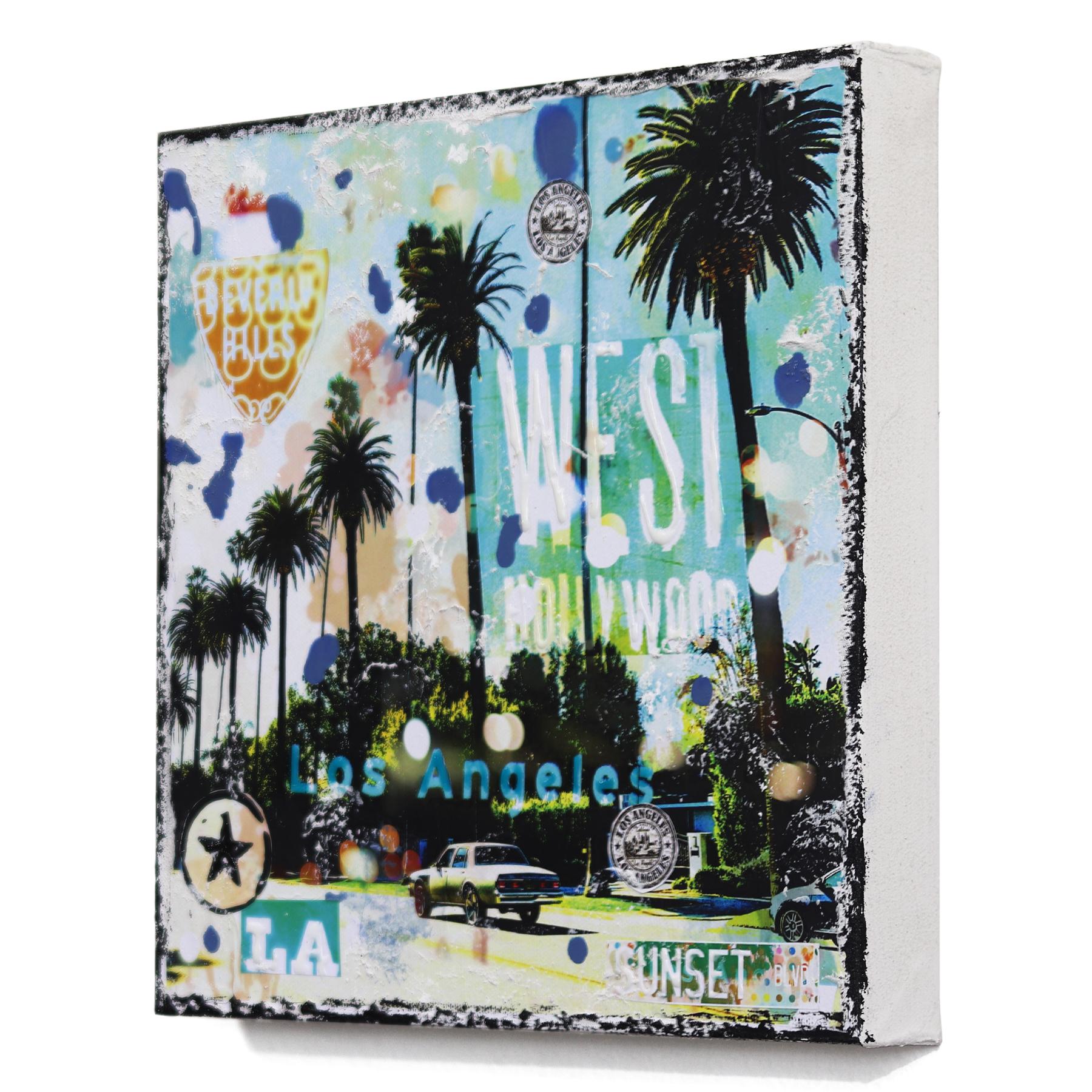 West Hollywood Palms - Original Pop Art Landscape Collage on Canvas For Sale 2