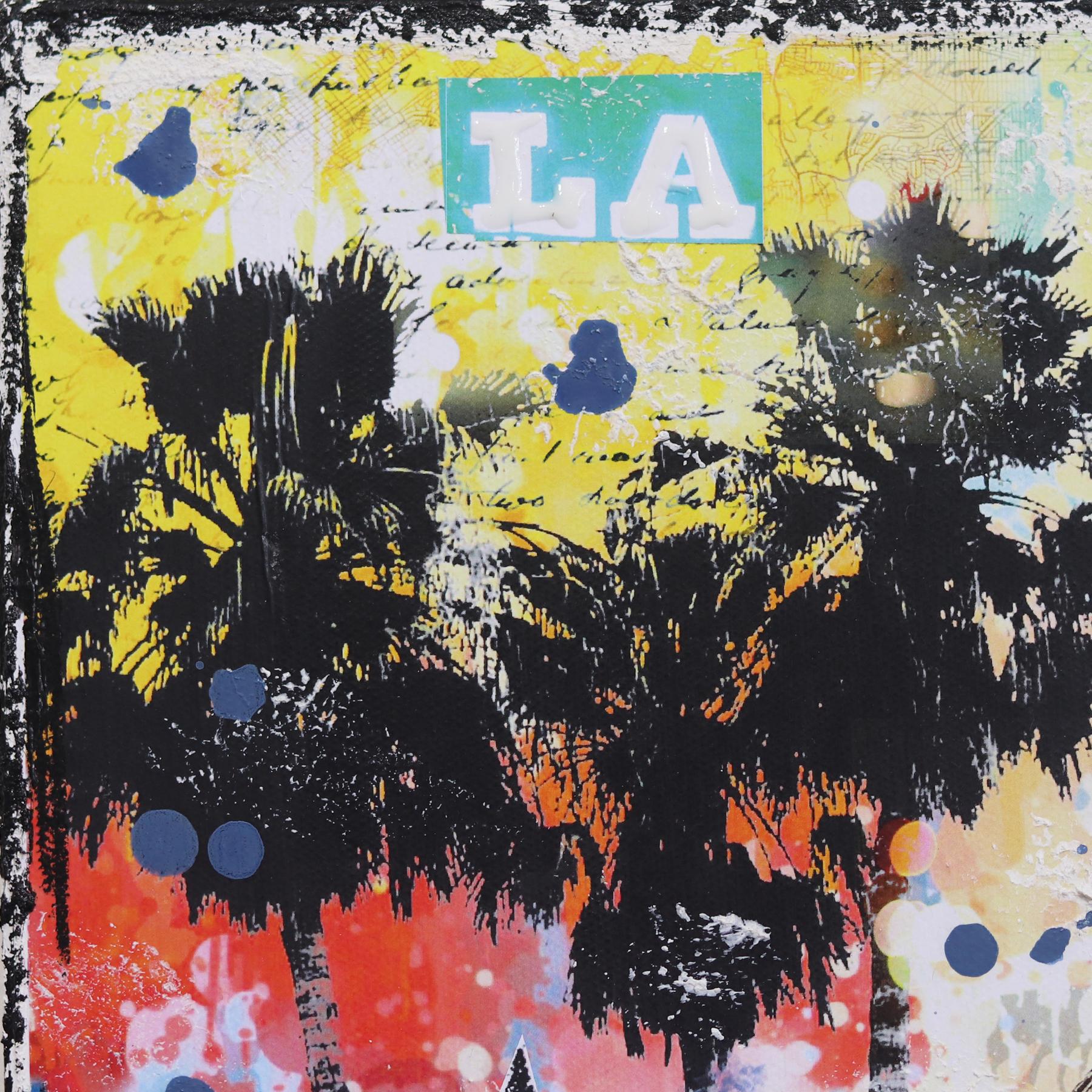 West LA - Original Pop Art Colorful Landscape Collage on Canvas - Gray Landscape Painting by Marion Duschletta
