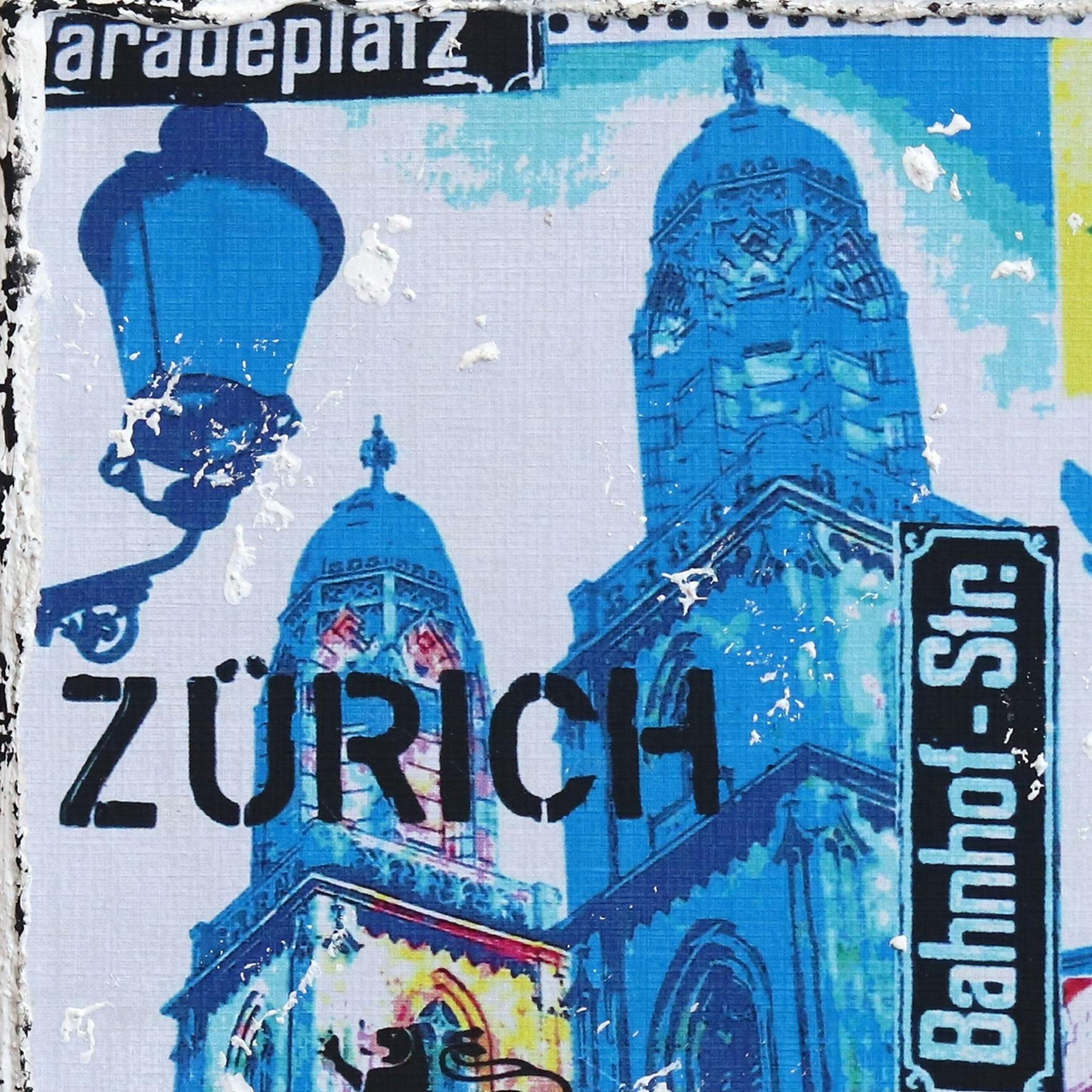 Zurich 6 - Pop Art Mixed Media Landscape Œuvre d'art originale - Bleu Landscape Painting par Marion Duschletta