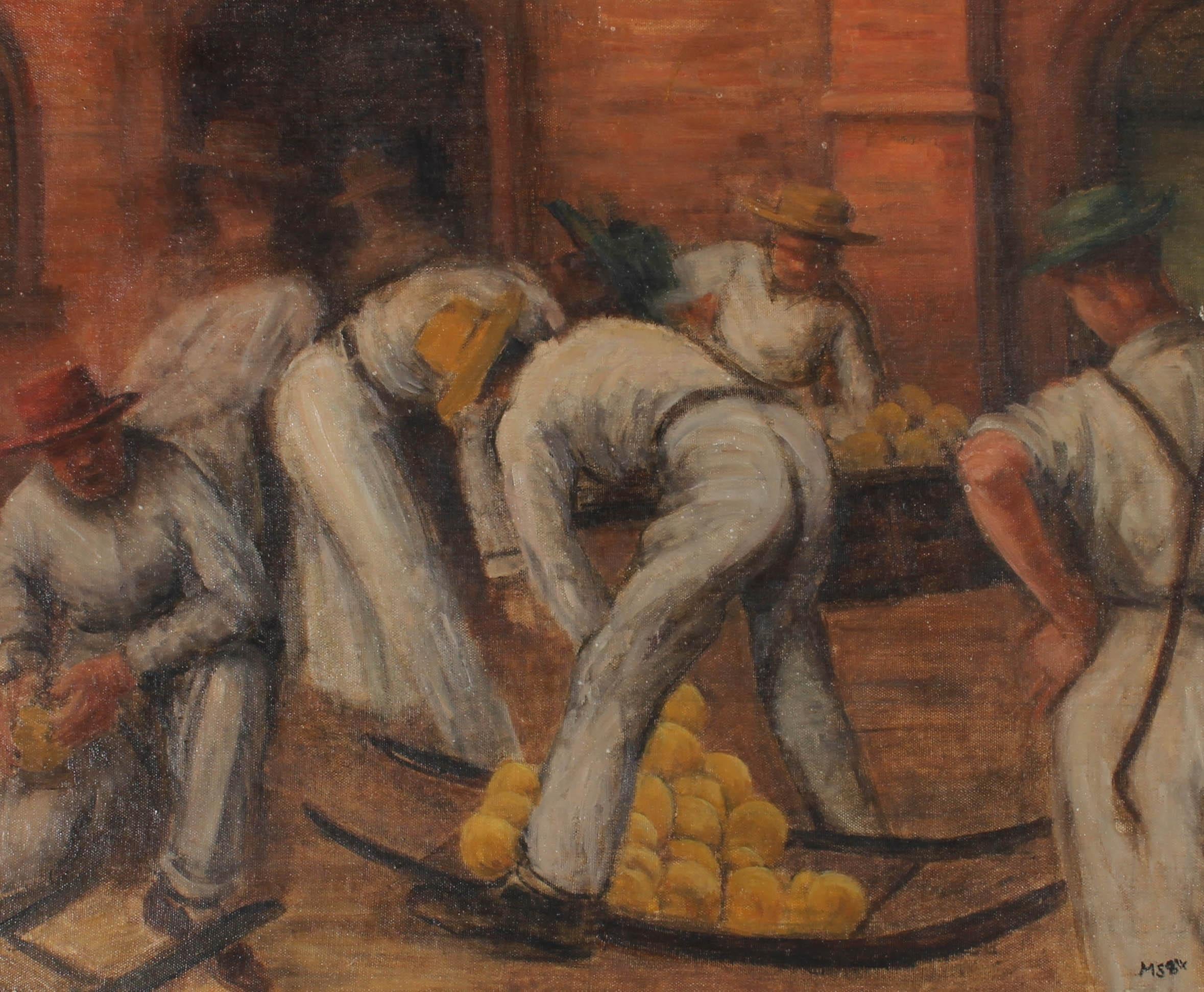 A dynamic 20th Century oil scene showing a group of cheesemakers in Amsterdam stacking up wheels of yellow cheese onto sledges. There is wonderful industrial movement in the painting with loose brushwork and suggestive areas of light and dark adding