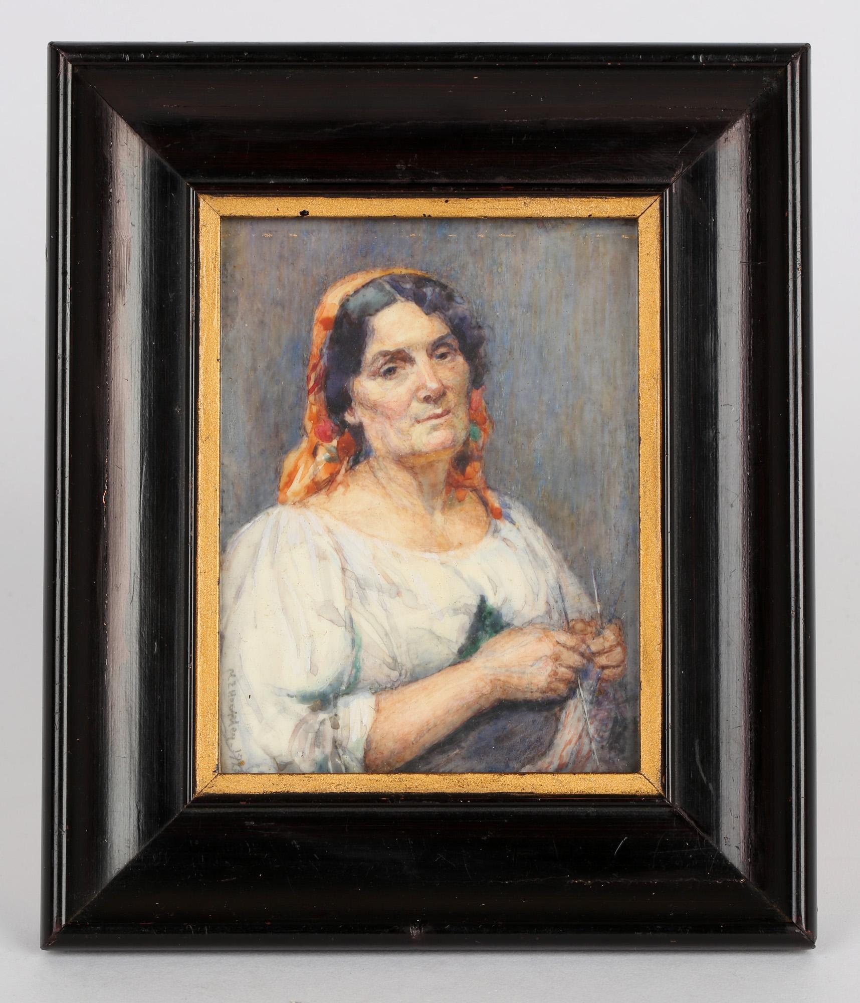 Glass Marion Edith Hewkley Miniature 'Italian Peasant' Framed Watercolor 1923 For Sale