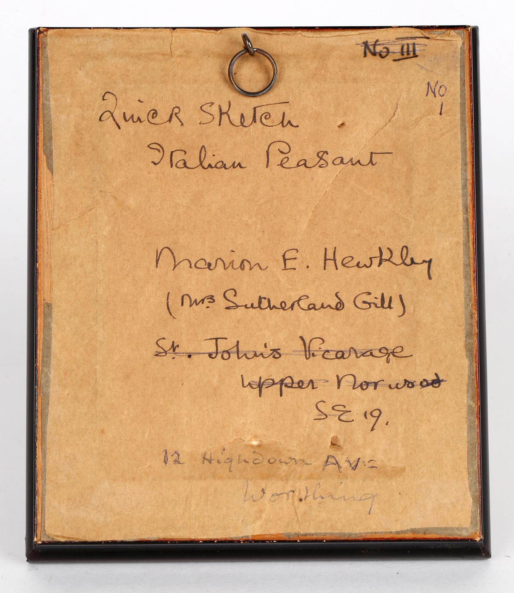 A well executed framed miniature watercolor titled 'Italian Peasant' by Marion Edith Hewkley (Mrs Sutherland Gill of Worthing0 dated 1923. The watercolor is finely and professionally execute and is mounted within a black swept frame with a gold