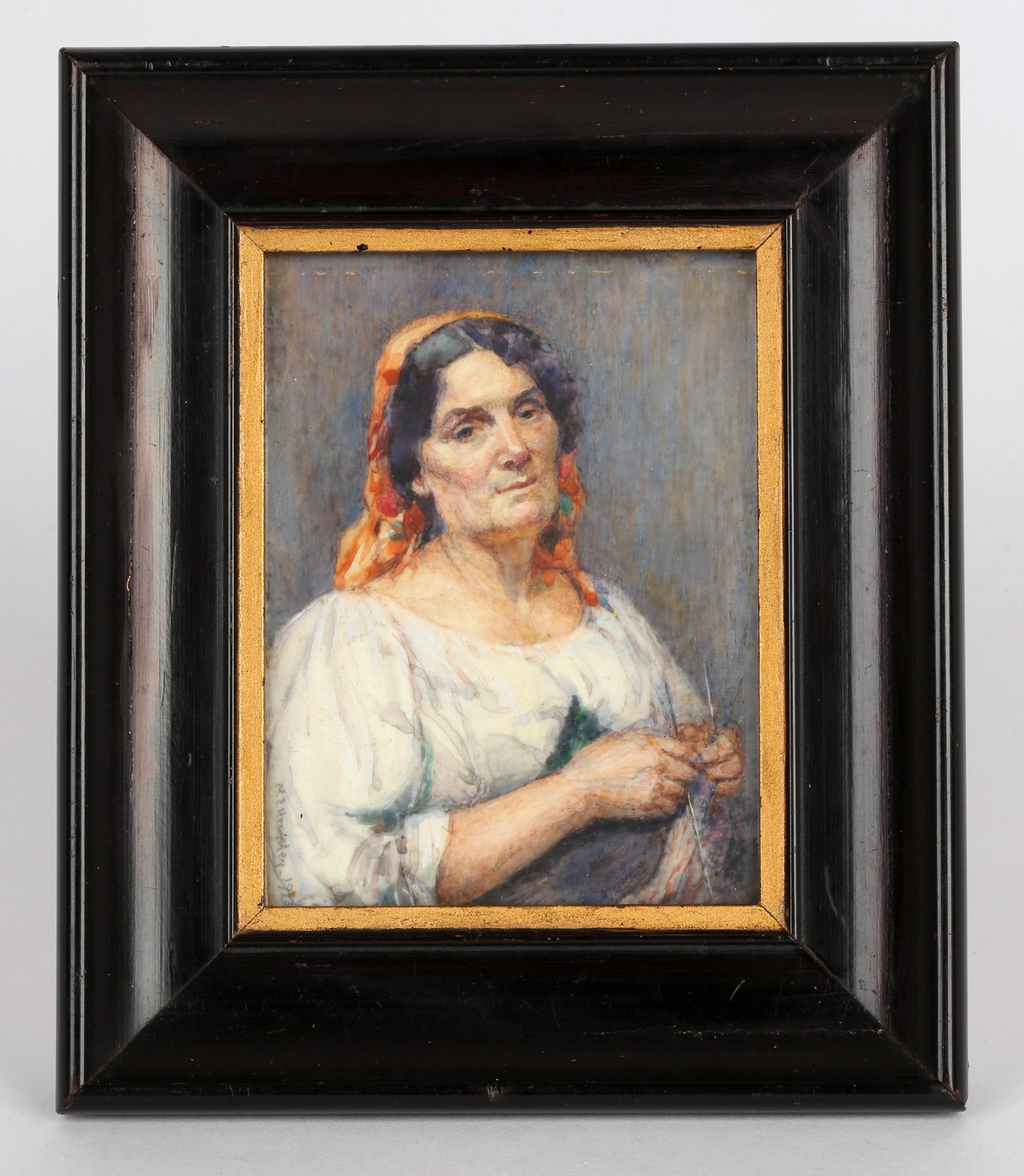 English Marion Edith Hewkley Miniature 'Italian Peasant' Framed Watercolor 1923 For Sale